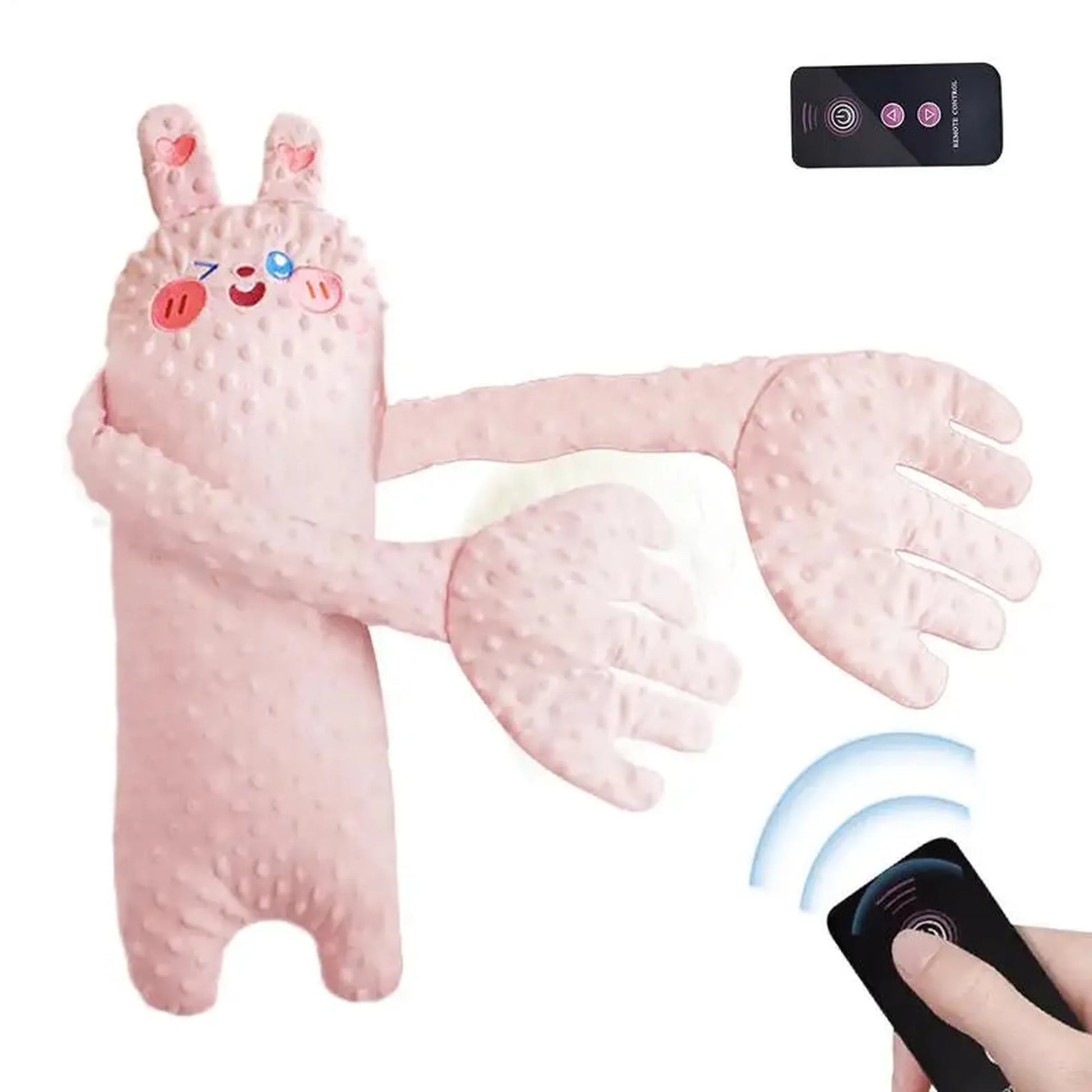 Pink textured rabbit baby soothing pillow with long arms and remote control.