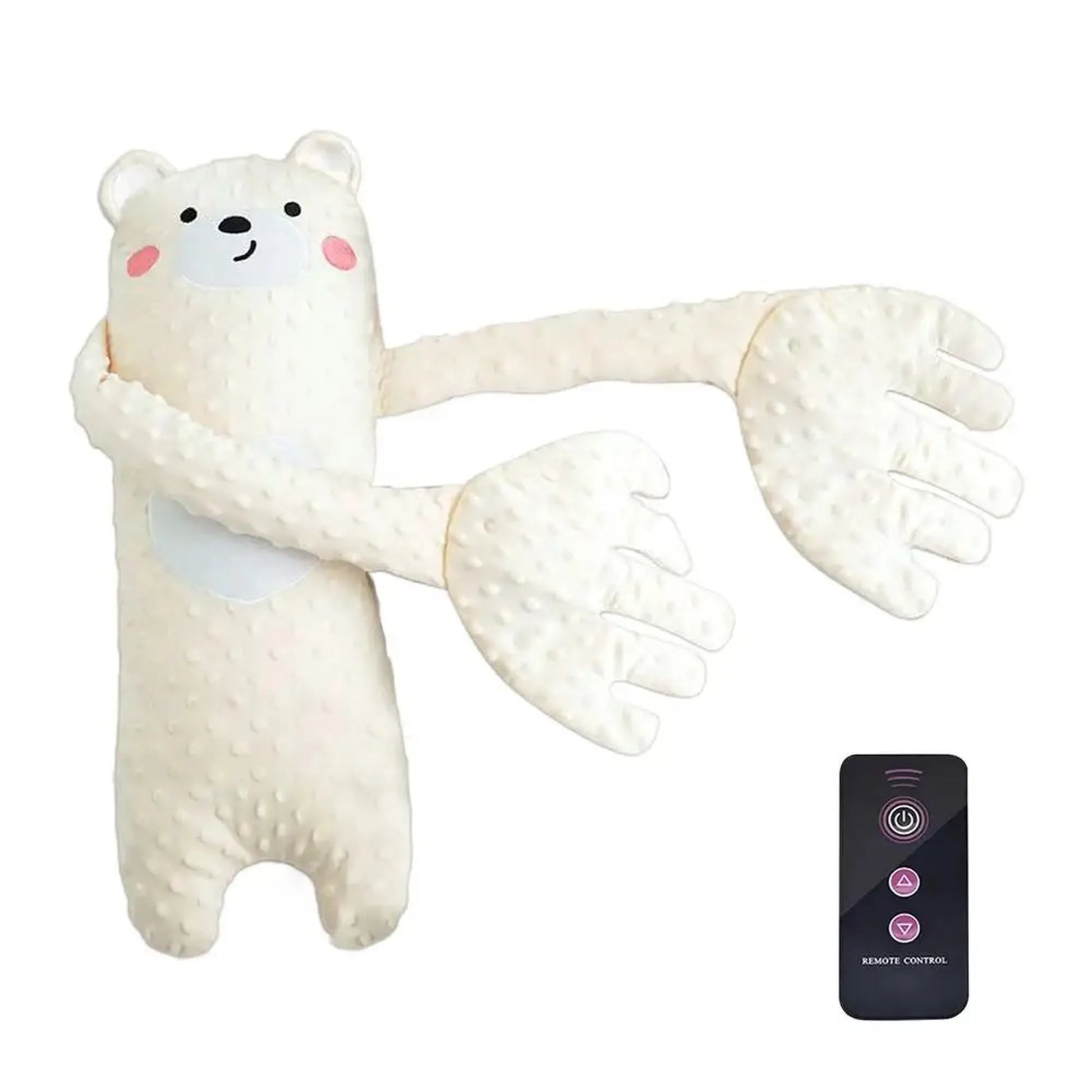 White plush bear baby soothing pillow with long arms and a black remote control.