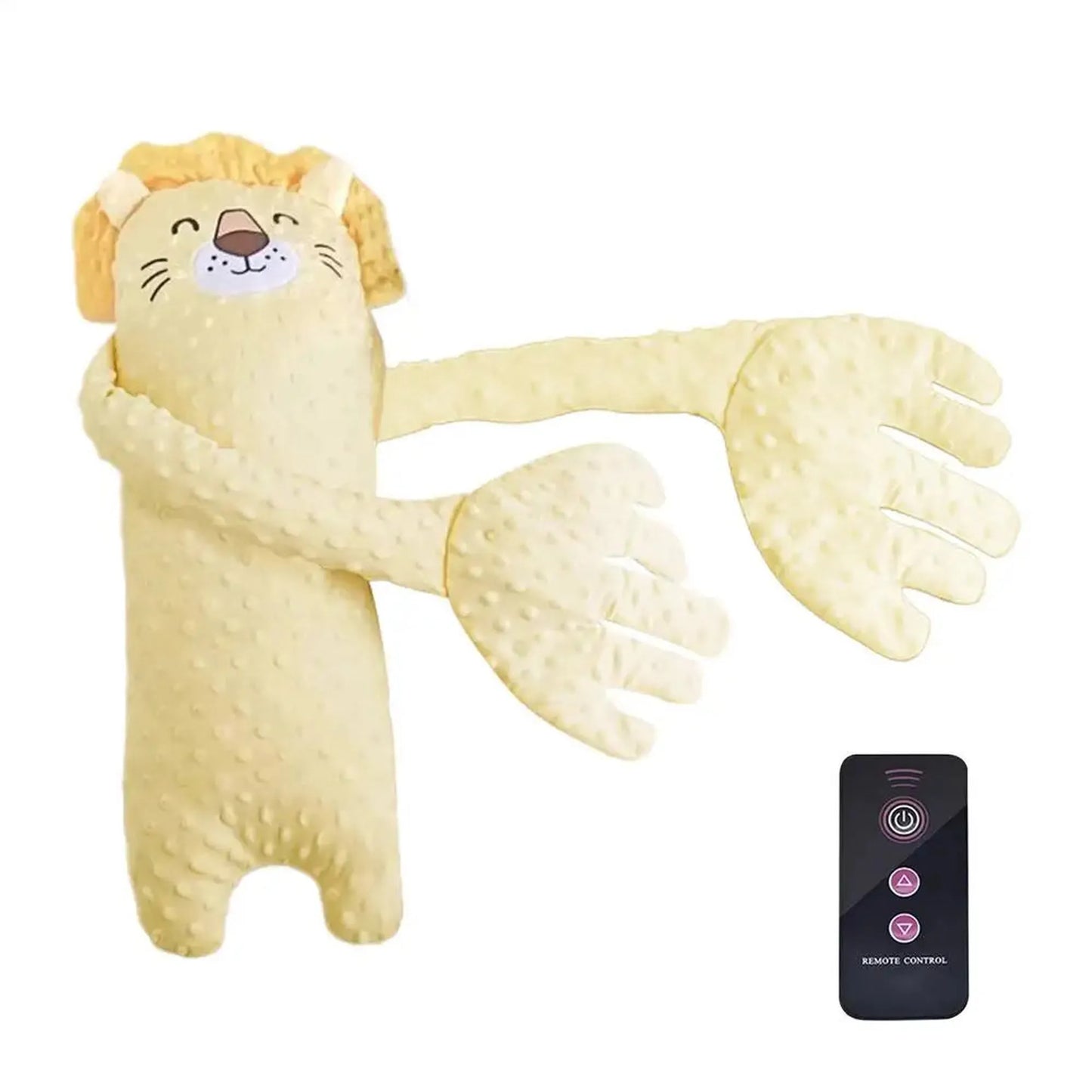 Yellow lion-shaped baby soothing pillow with textured arms and a black remote control.