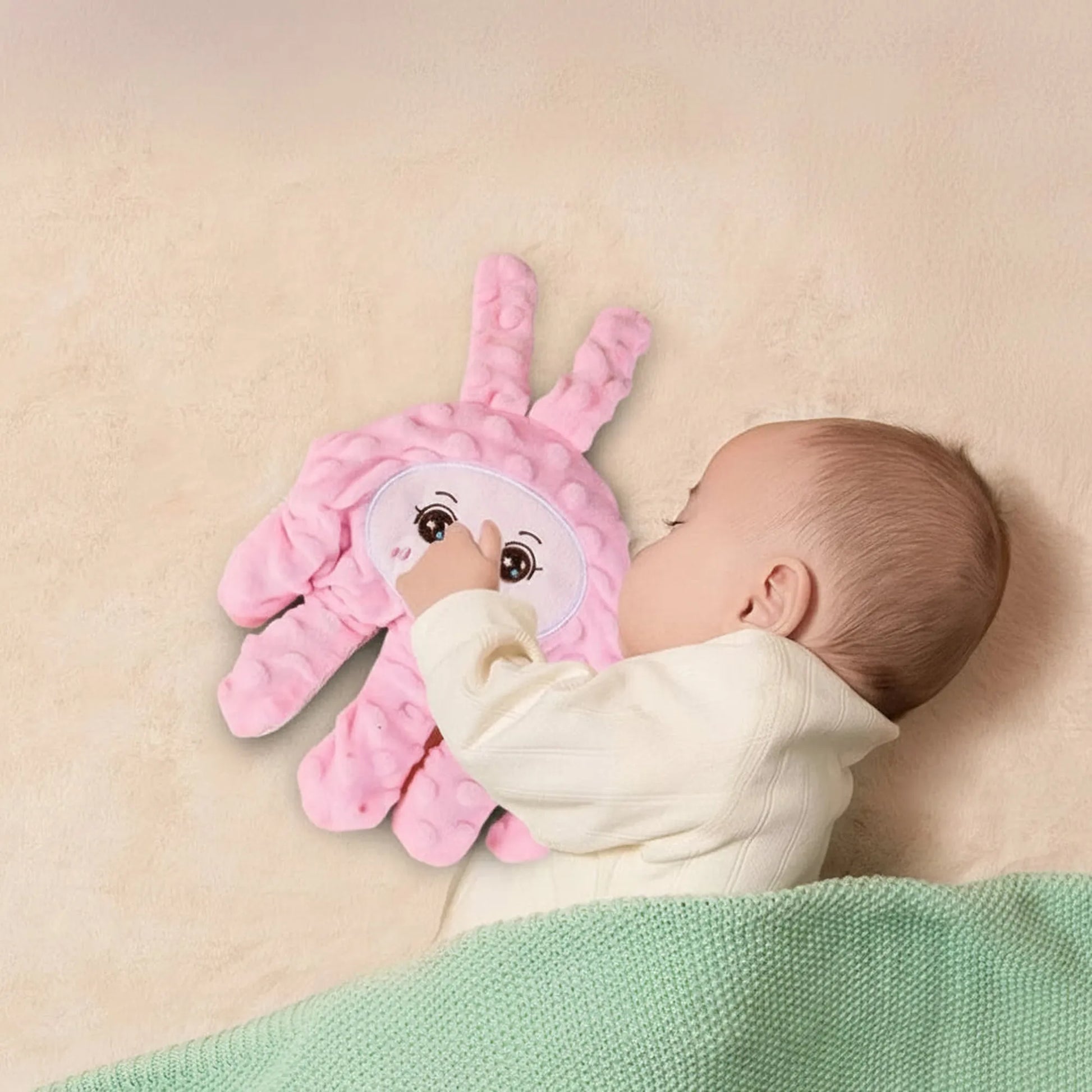 Baby sleeping with a pink teddy bear soothing pillow, featuring gentle patting and a remote.