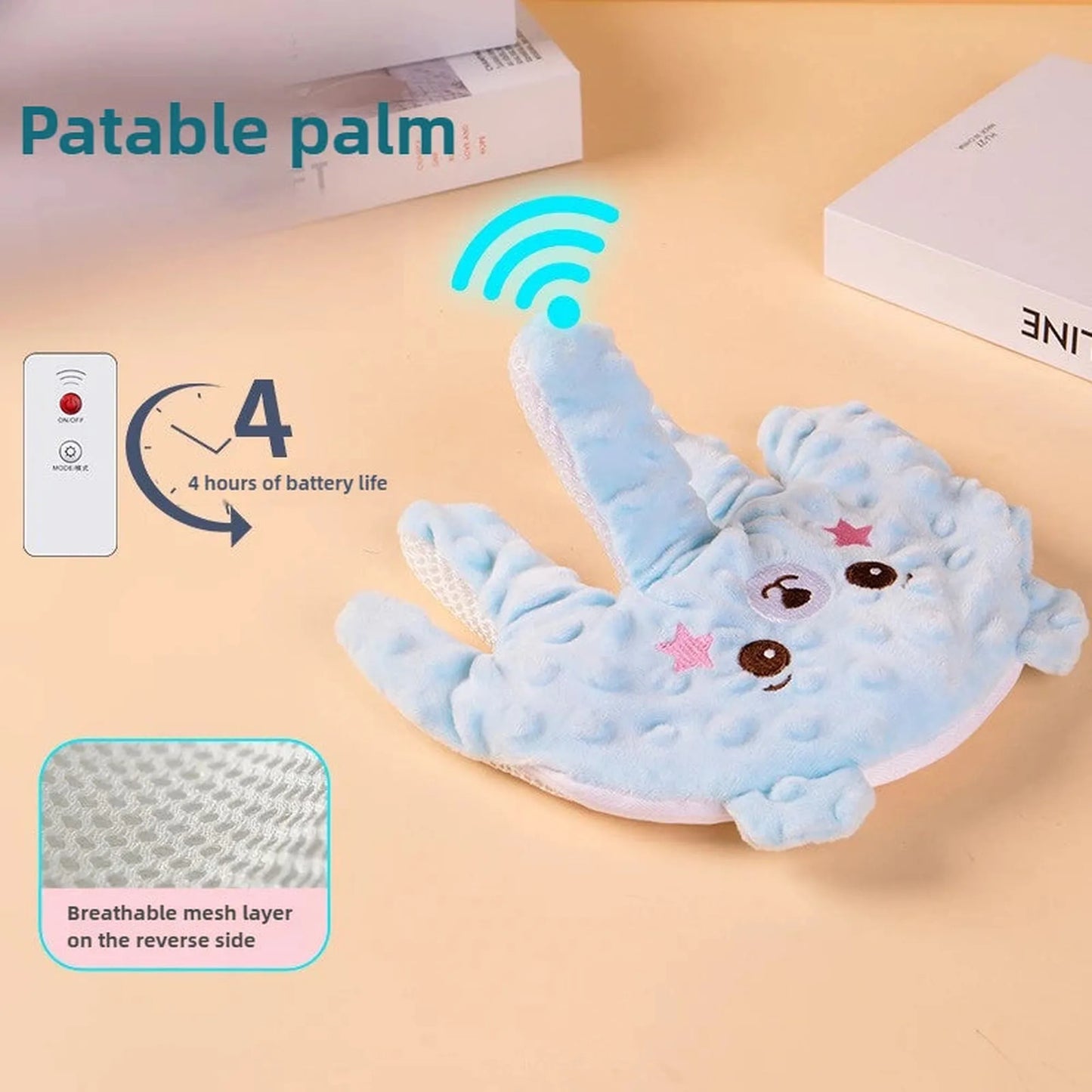 Light blue plush baby soothing pillow shaped like a bear paw with a remote control and breathable mesh.