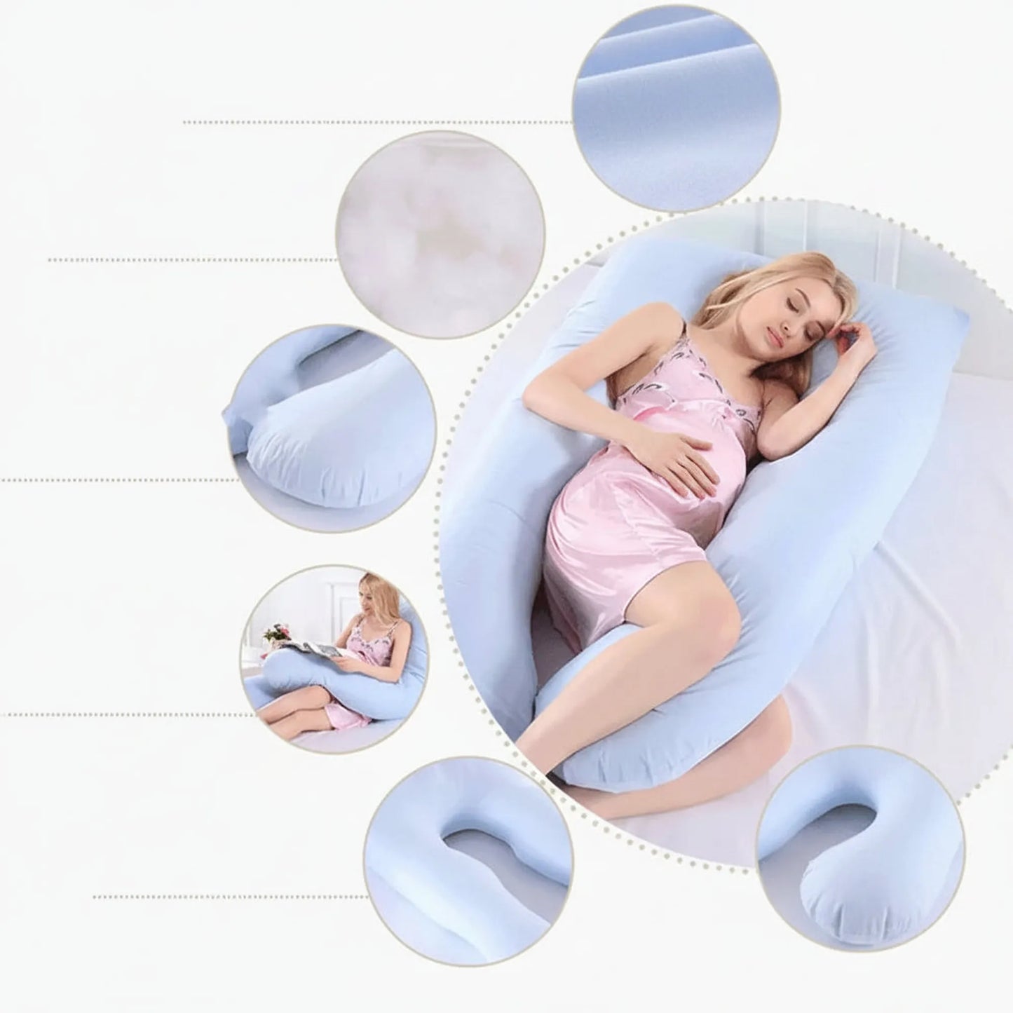 Pregnant woman sleeping soundly with a light blue U-shaped full body support pillow.