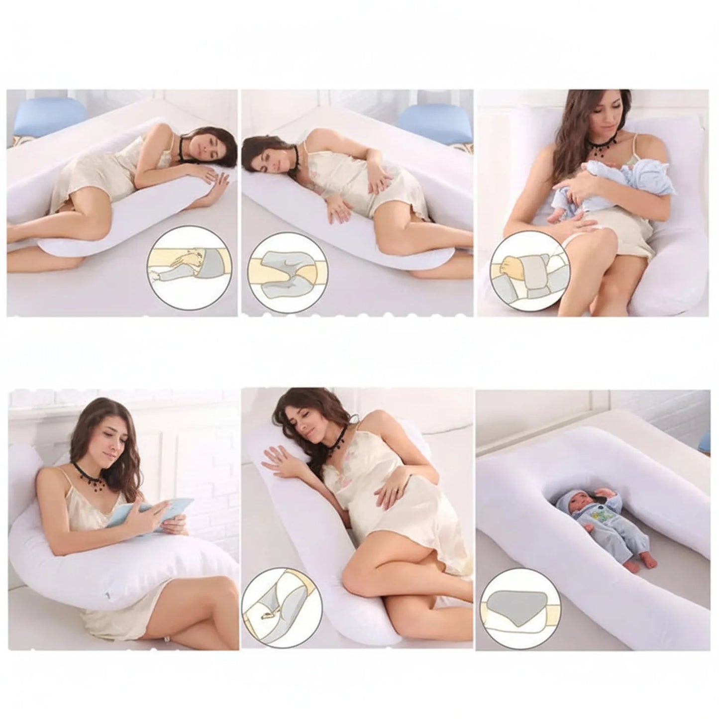 White U-shaped full body pregnancy pillow supporting a woman sleeping, reading, and holding a baby.