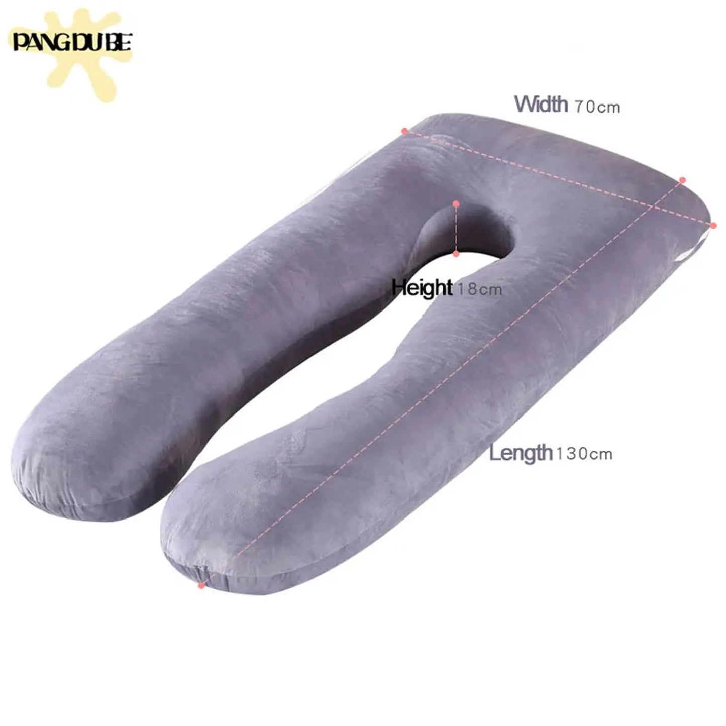 Gray U-shaped full body pregnancy pillow with dimensions: 130cm length, 70cm width, 18cm height.