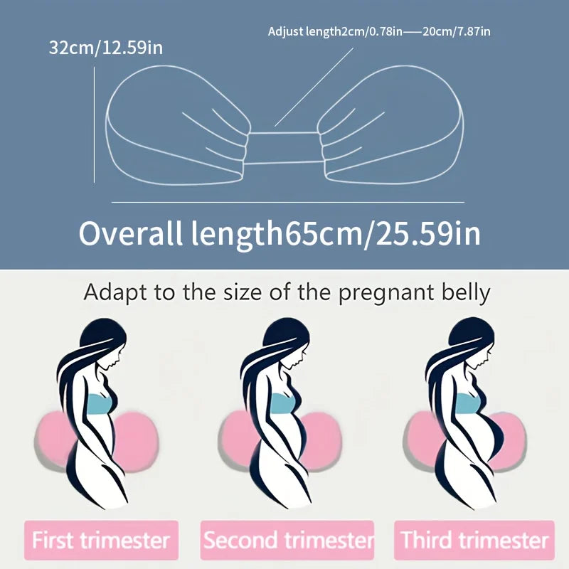 U-shaped maternity pillow diagram showing adjustable length and support for all trimesters.