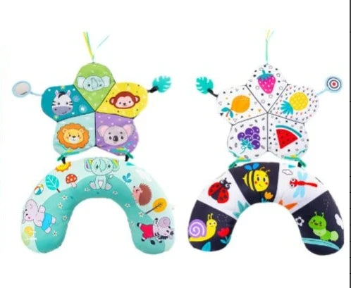 Two U-shaped baby tummy time pillows, one with colorful animals and the other with high-contrast black and white patterns.