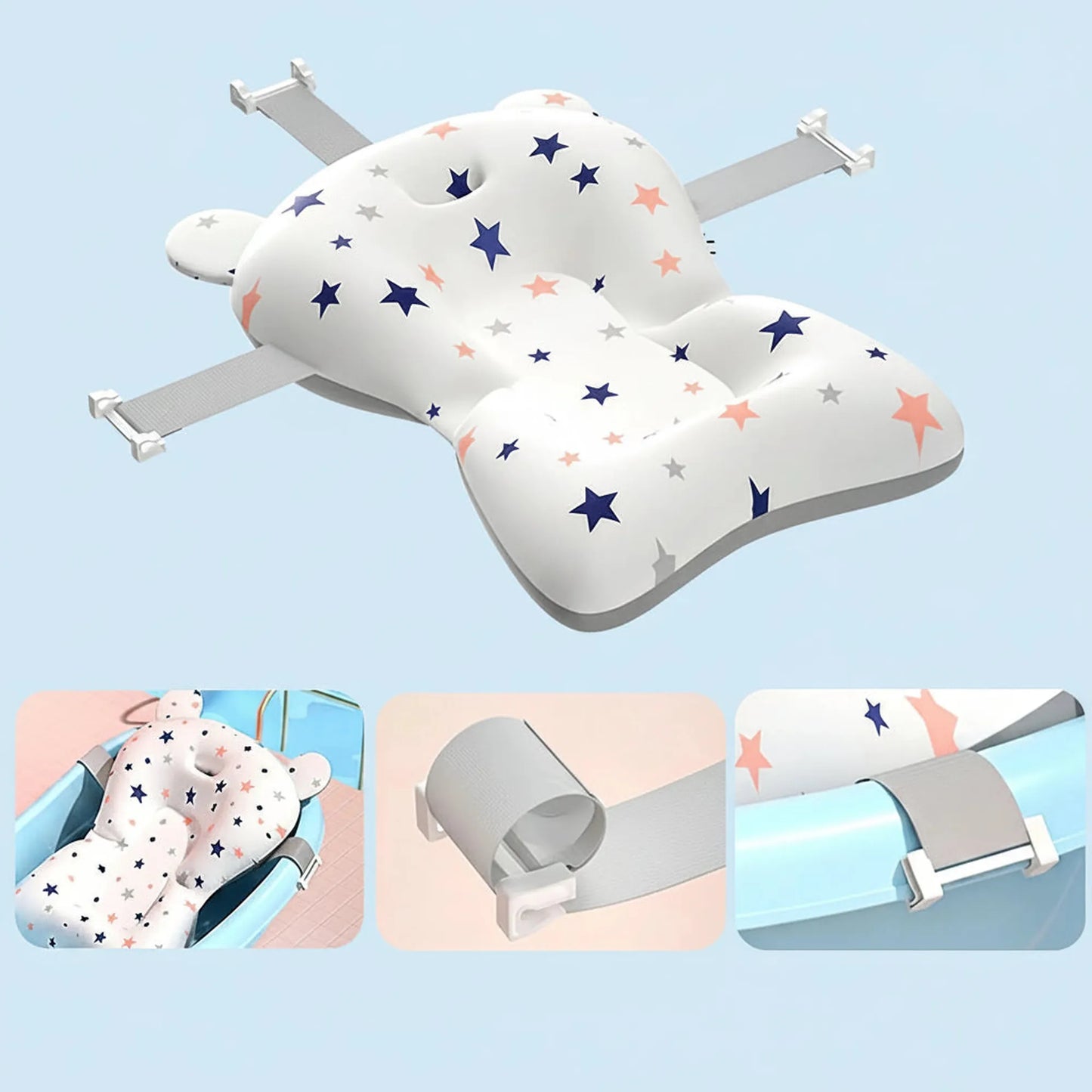 White baby bath support cushion with colorful stars, adjustable straps, and ergonomic design.