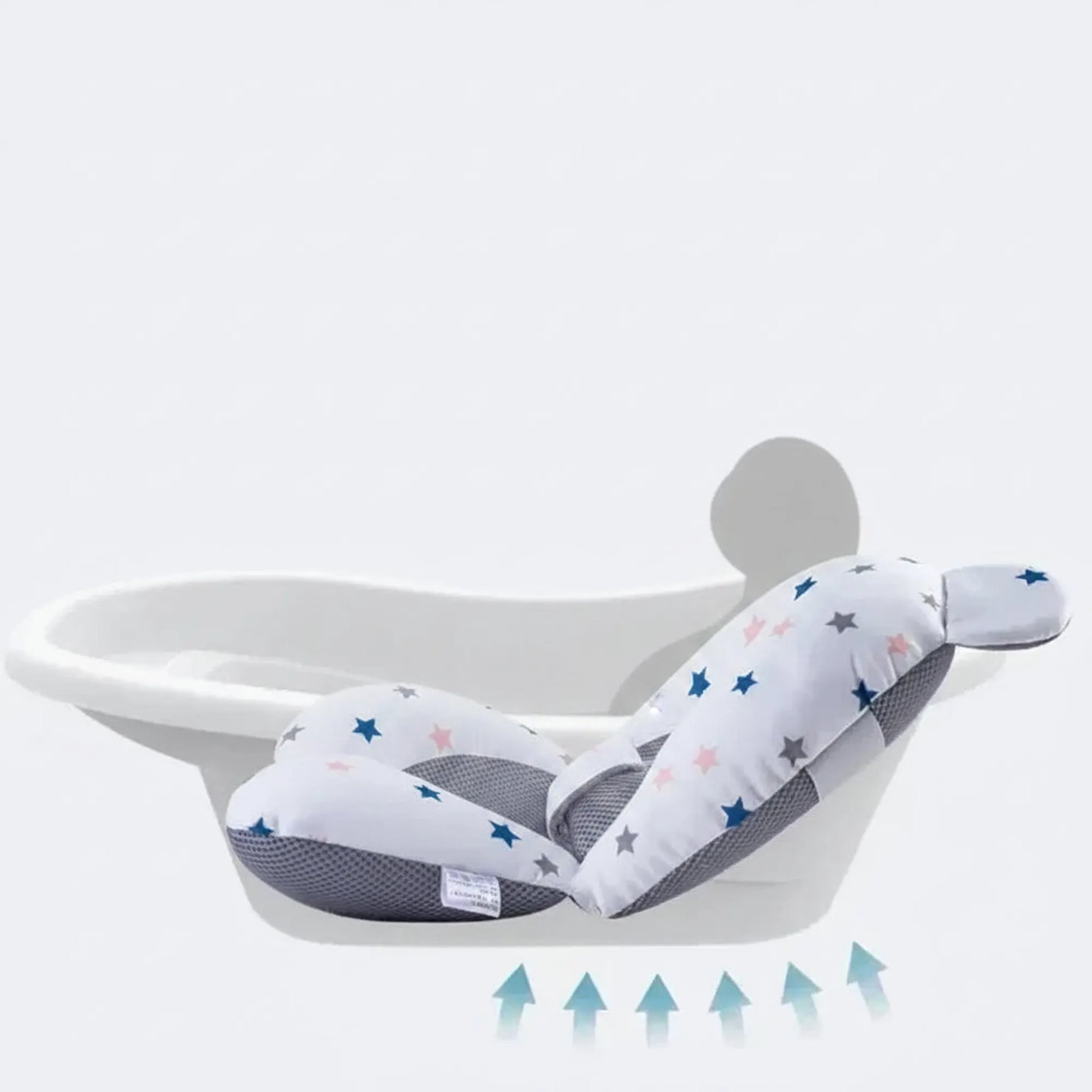 White adjustable baby bath support cushion with gray mesh and colorful stars.