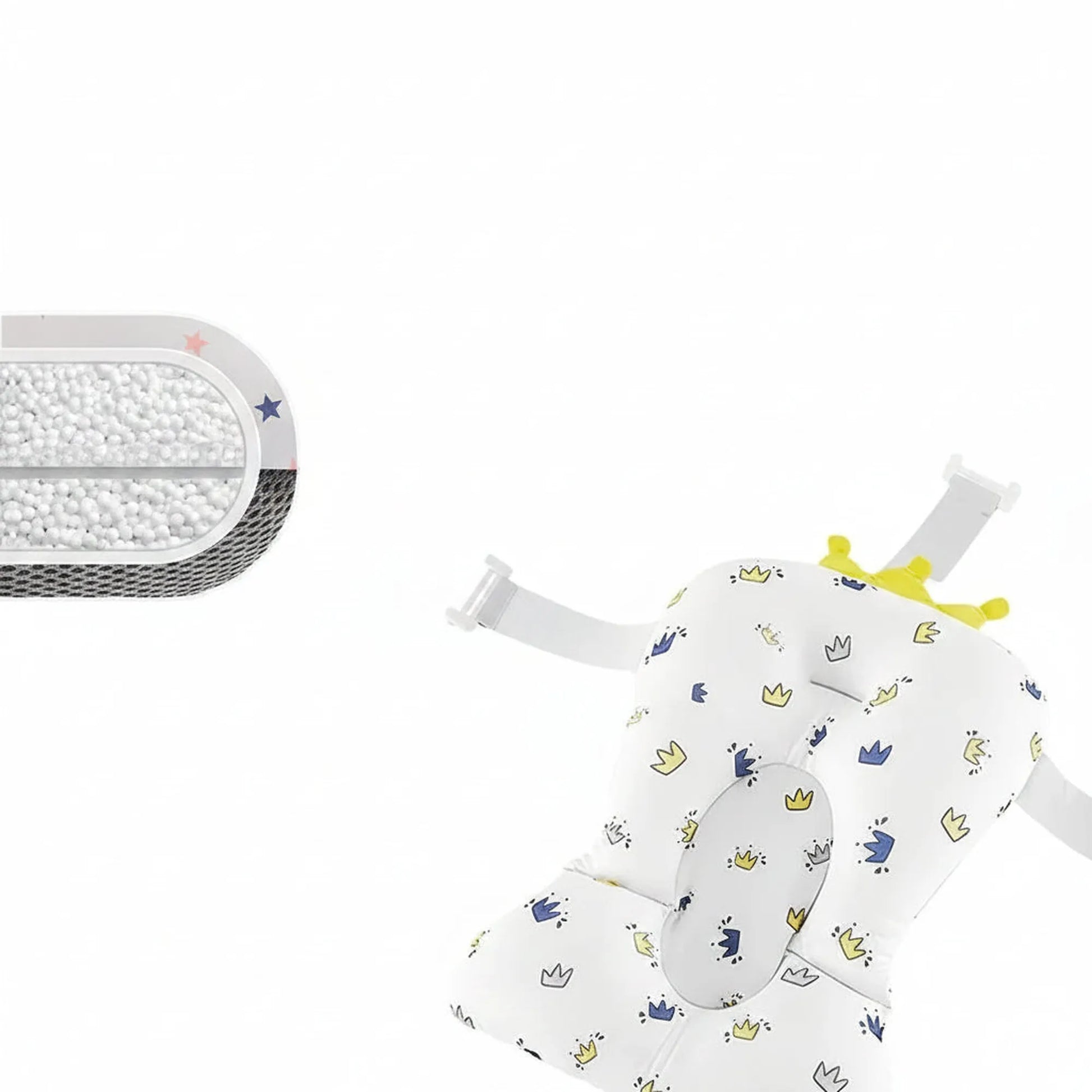 White baby bath support cushion with crown print, adjustable straps, and soft filling.