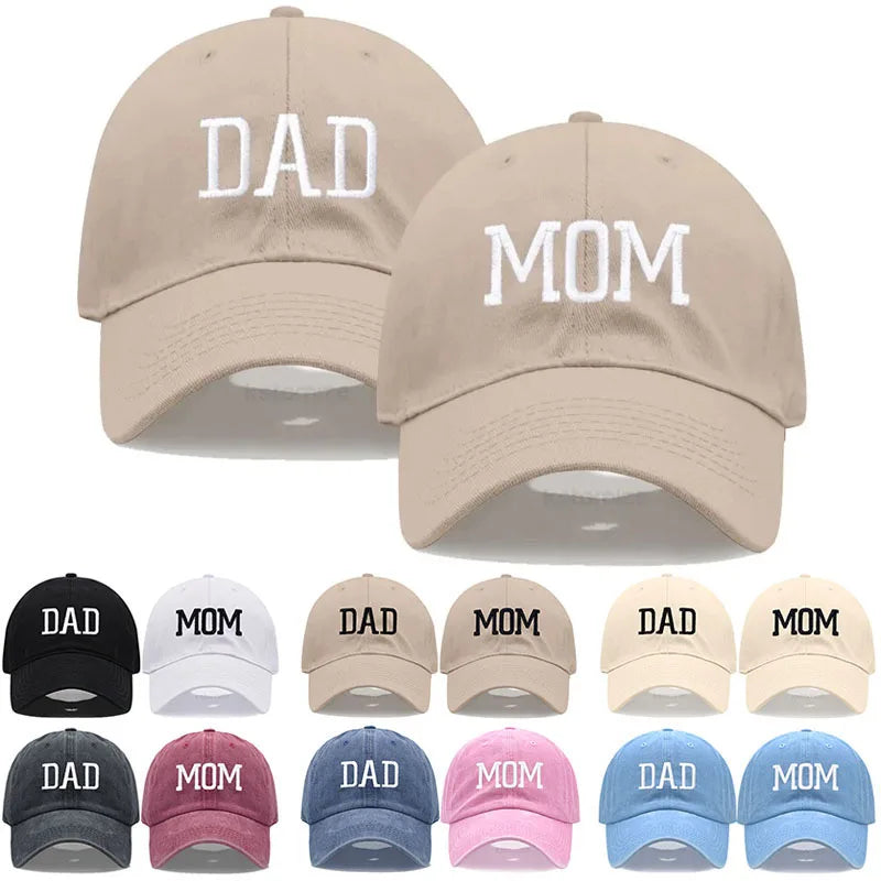 Adjustable cotton baseball caps for Mom and Dad, featuring embroidered text in various colors.