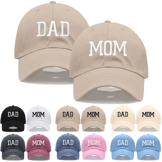 Adjustable cotton baseball caps for Mom and Dad, featuring embroidered text in various colors.