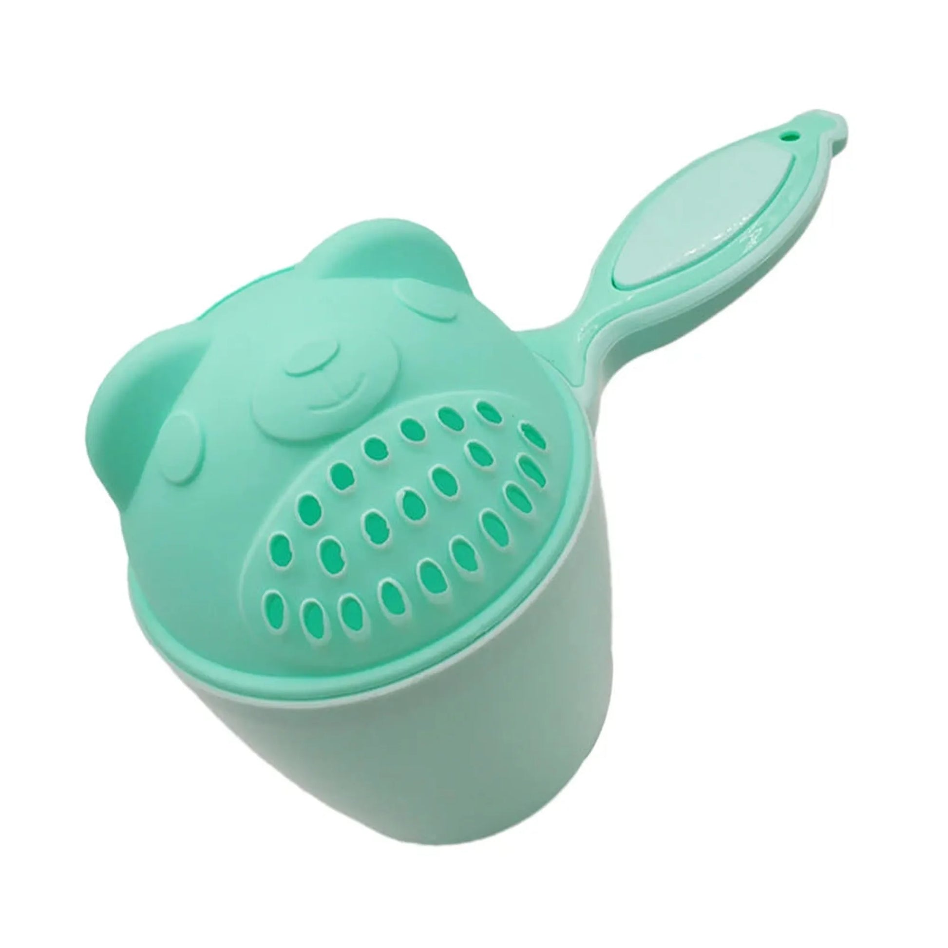 Mint green bear-shaped baby bath rinse cup with a comfortable handle and gentle shower head.
