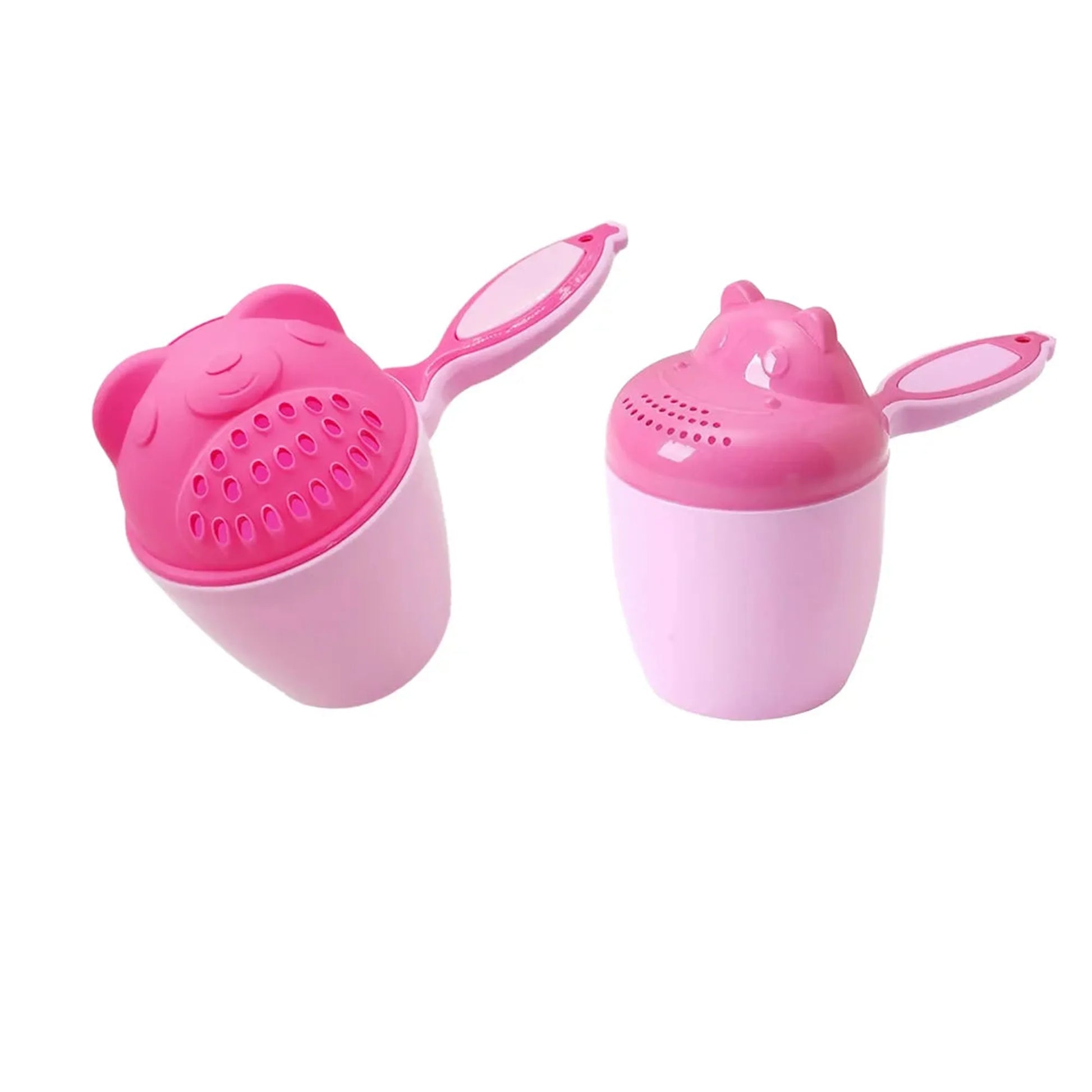 Pink bear-design baby bath rinse cup with comfortable handle and gentle shower head.