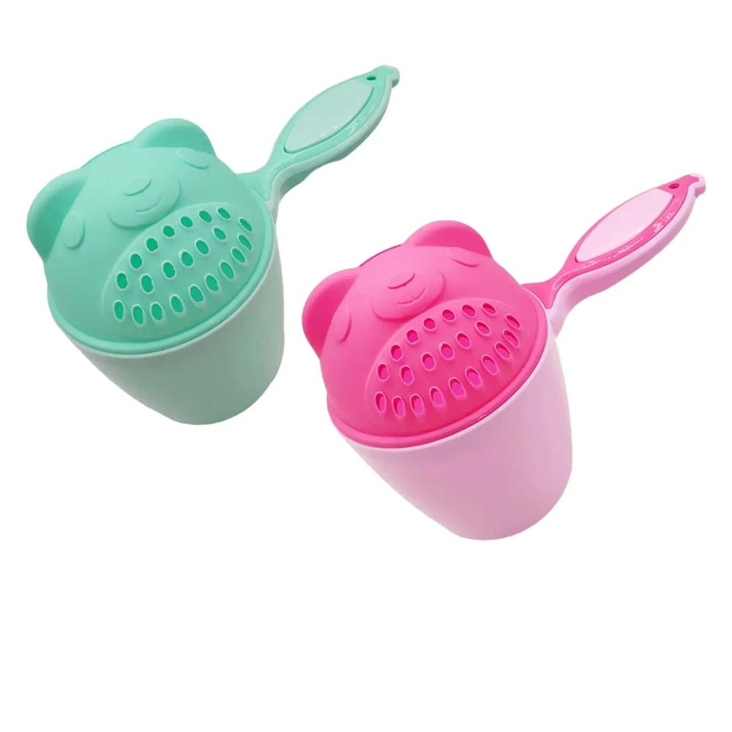 Two bear-shaped baby bath rinse cups, one mint green and one pink, with comfortable handles.