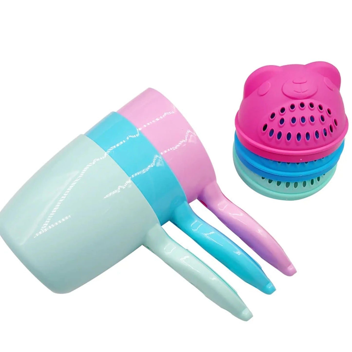 Pink, blue, and mint green bear-shaped baby bath rinse cups with handles and matching strainers.