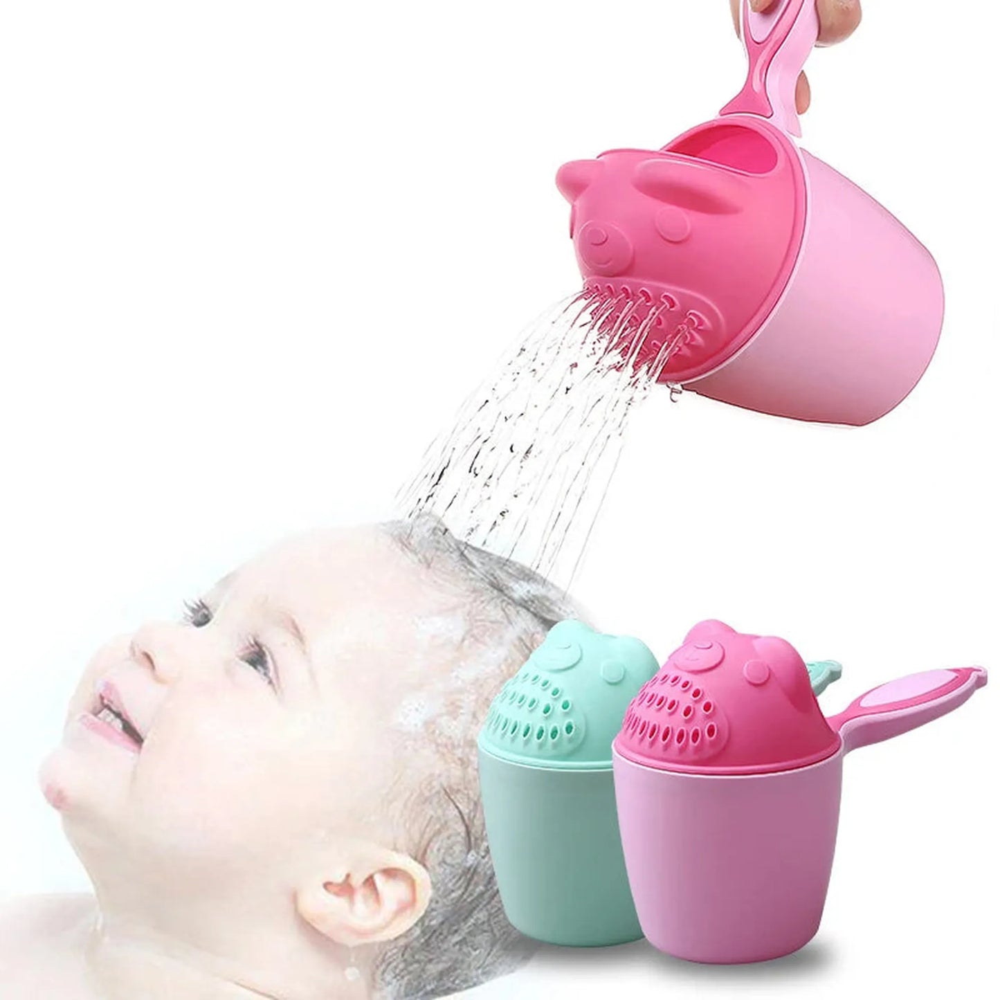 Pink bear-shaped baby bath rinse cup with handle, gently showering a baby's head.