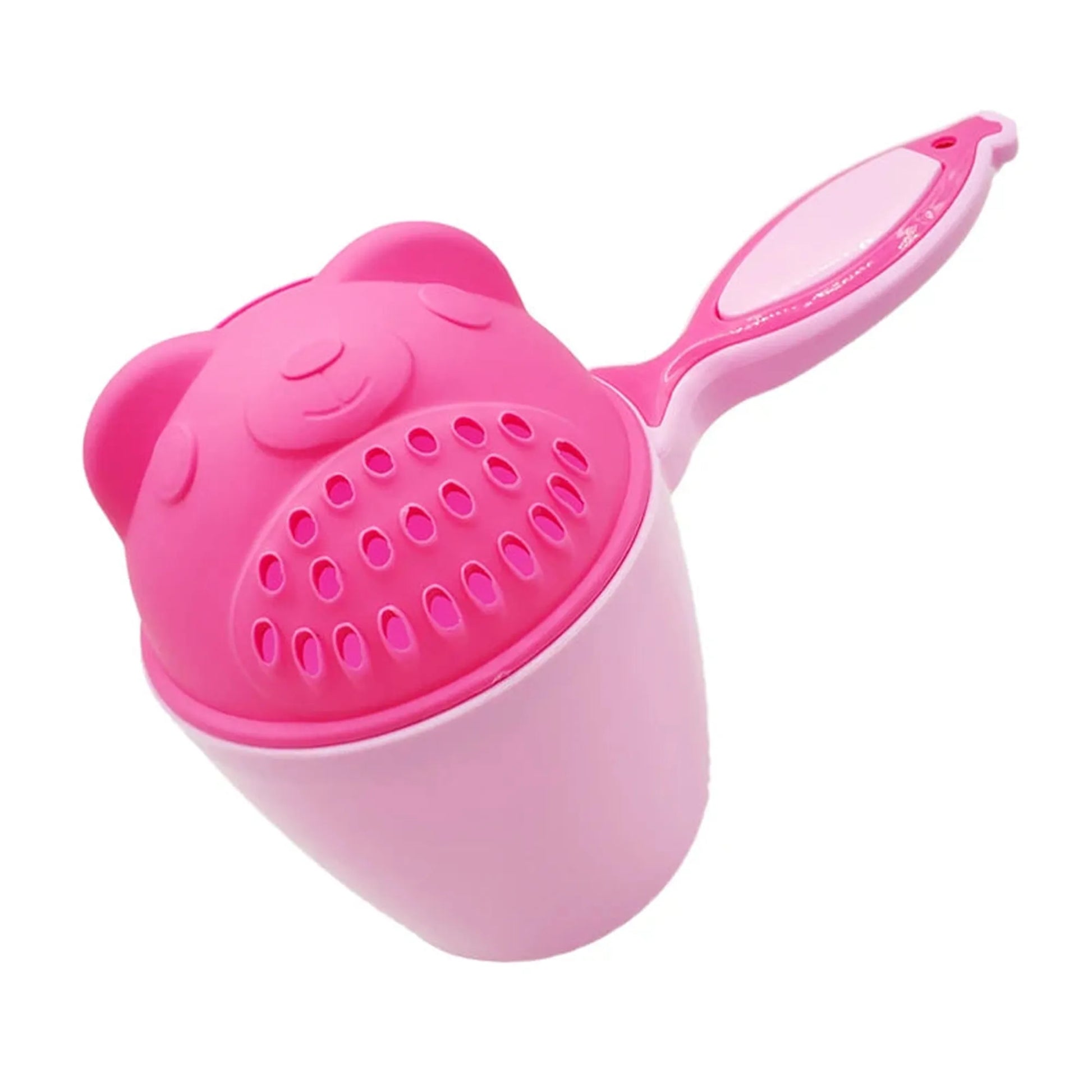 Pink bear-shaped baby bath rinse cup with an ergonomic handle and gentle showerhead.