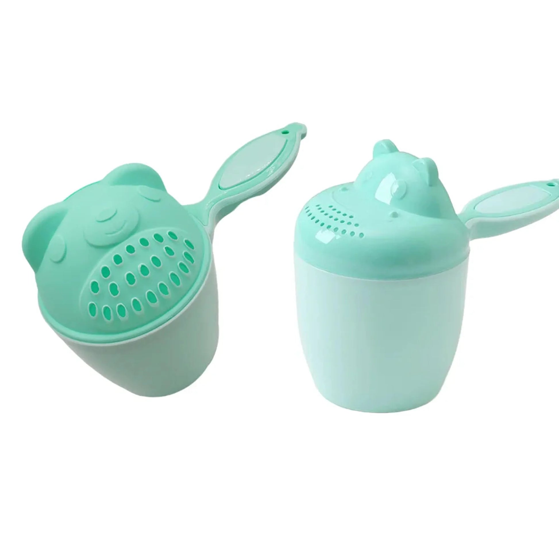 Mint green bear-shaped baby bath rinse cup with comfortable handle and gentle showerhead.