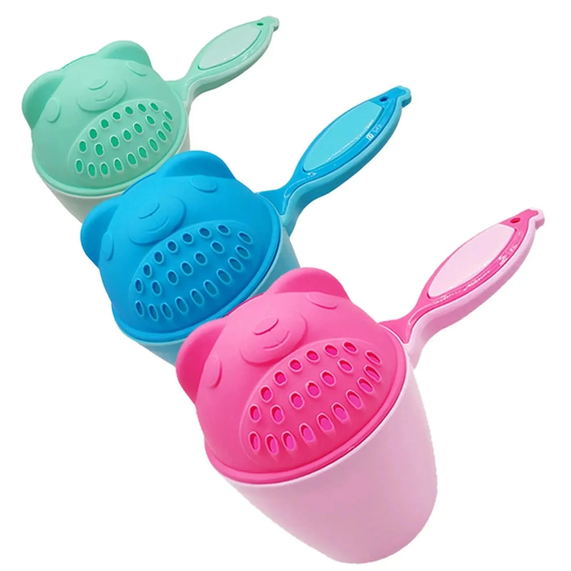 Three colorful bear-design baby bath rinse cups with comfortable handles in pink, blue, and green.