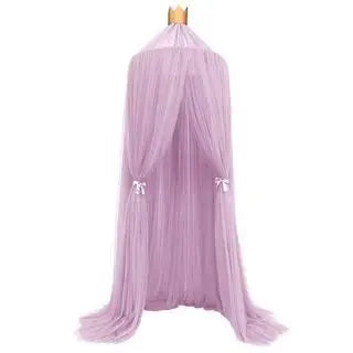 Lavender polyester crib canopy with a golden crown top and white bow ties.