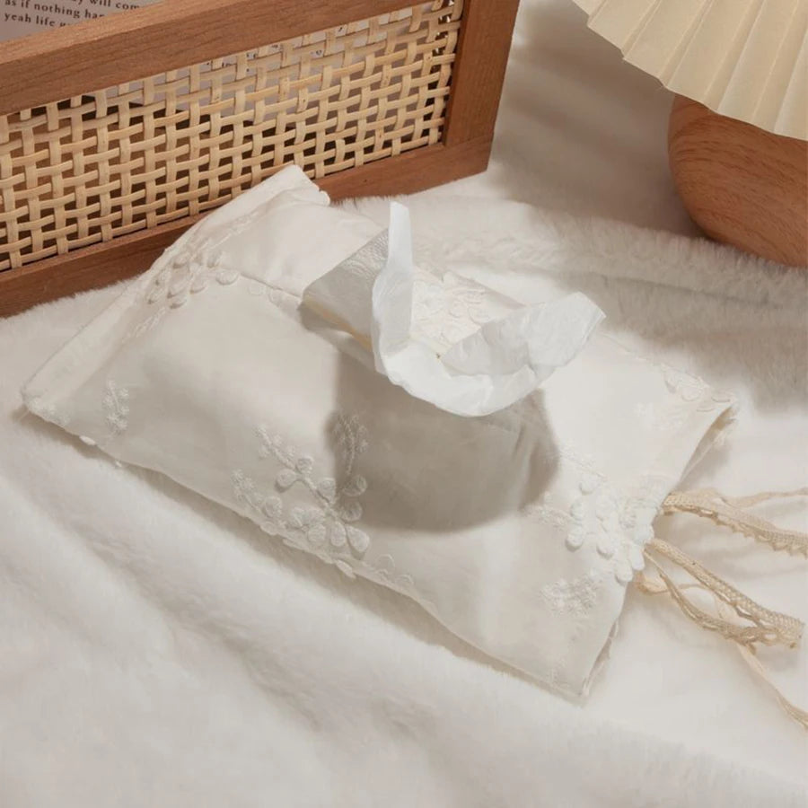 White French lace tissue box cover with delicate embroidery, vintage style.