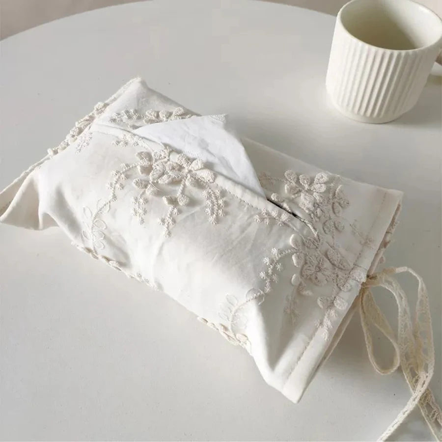 White French lace tissue box cover with delicate floral embroidery, vintage style.