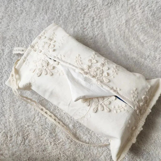 White French lace tissue box cover with delicate floral embroidery and hanging strap.