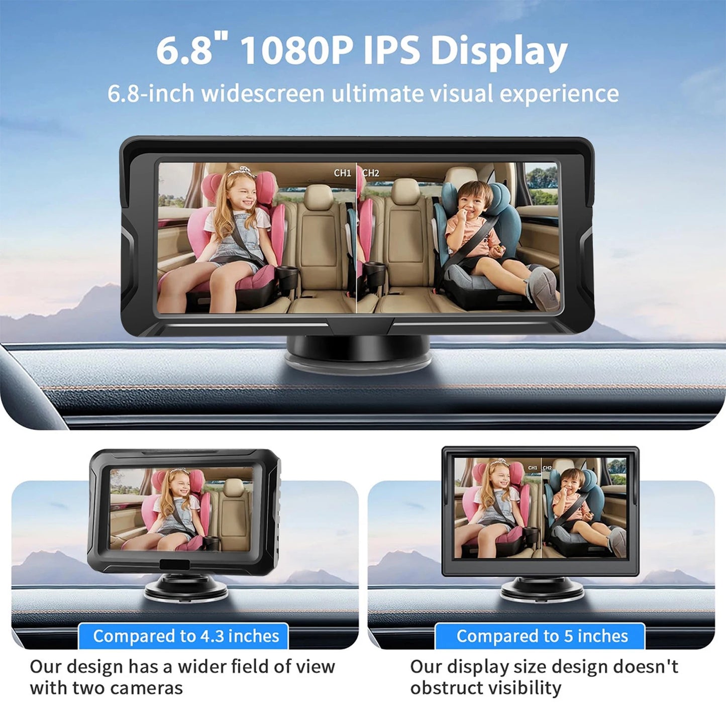 מצלמת וידאו כפולה לרכב לתינוק עם מסך 6.8 אינץ' 1080P