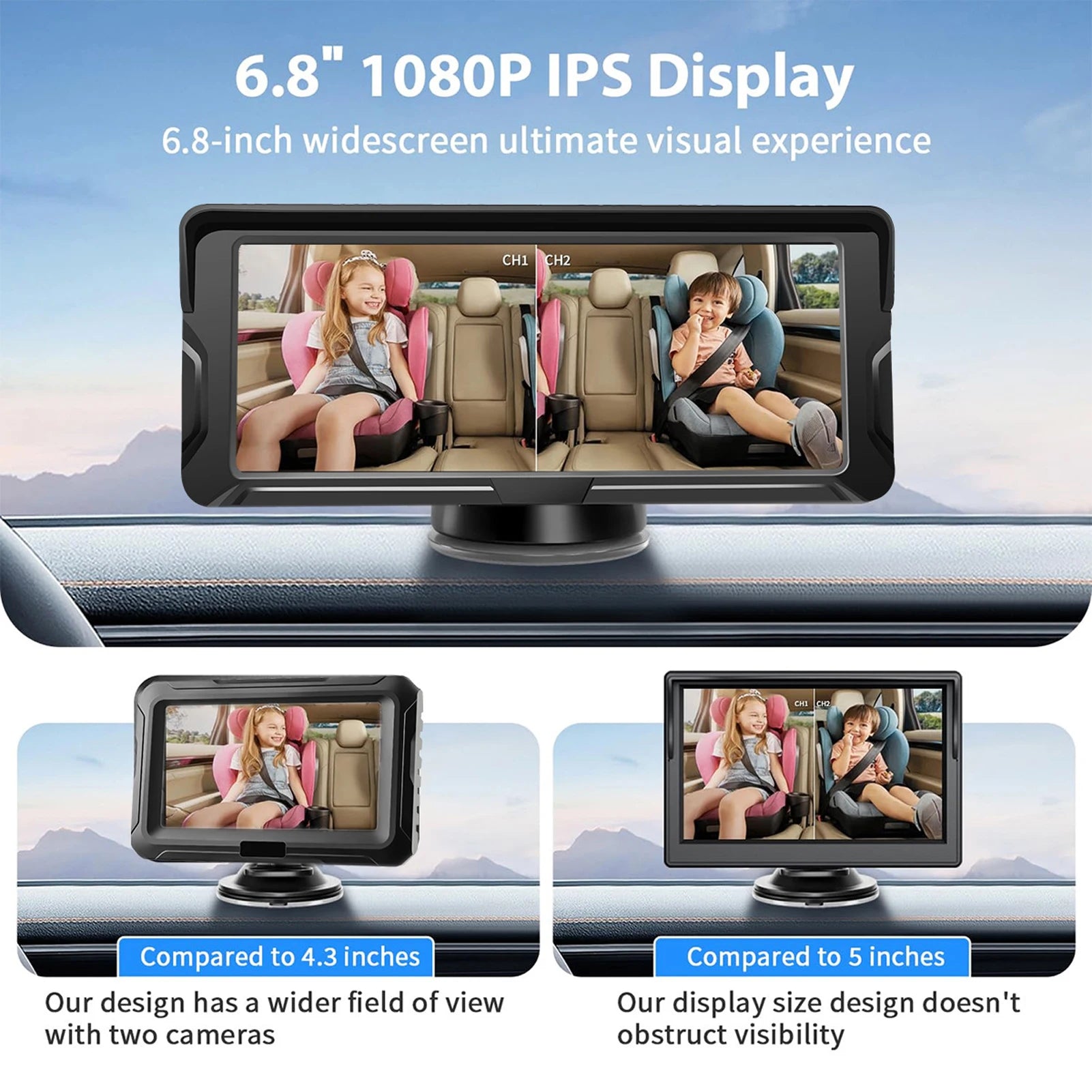 מצלמת וידאו כפולה לרכב לתינוק עם מסך 6.8 אינץ' 1080P
