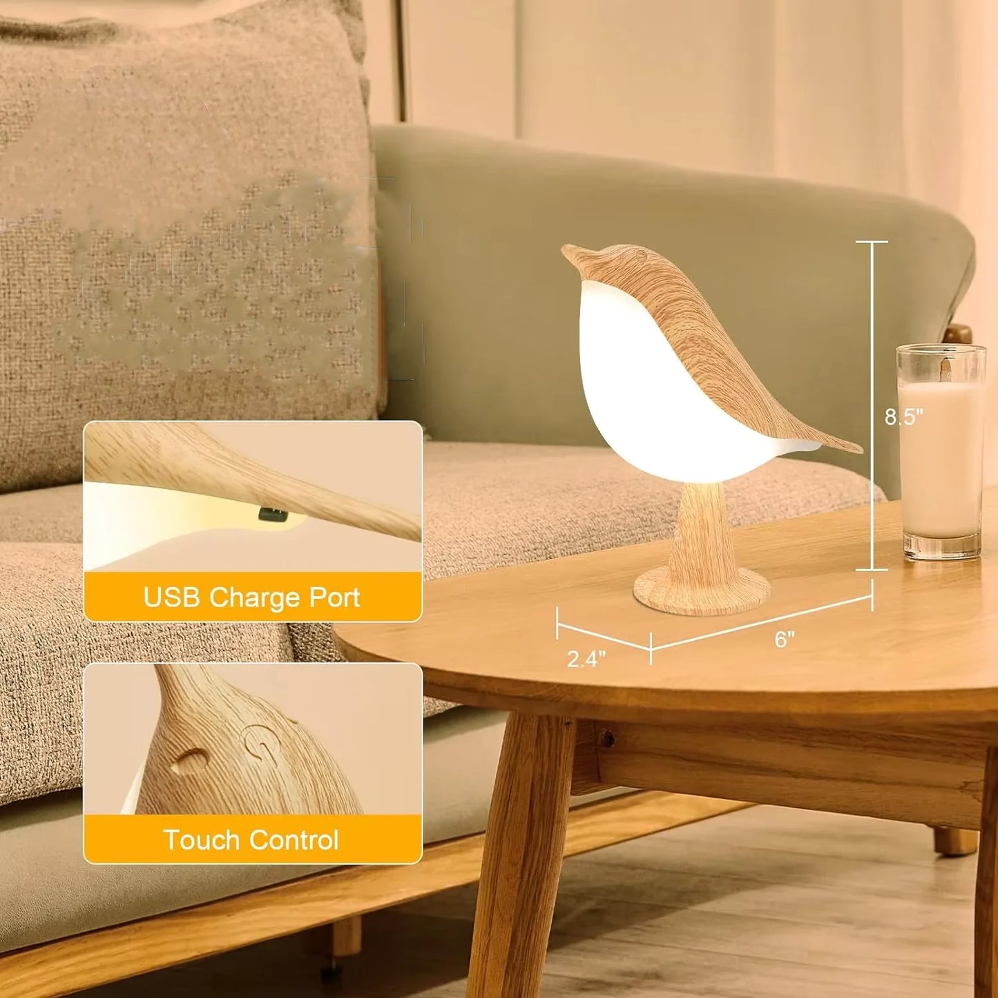 LED Touch-Control Bird Night Lamp Dimmable Rechargeable Yellow