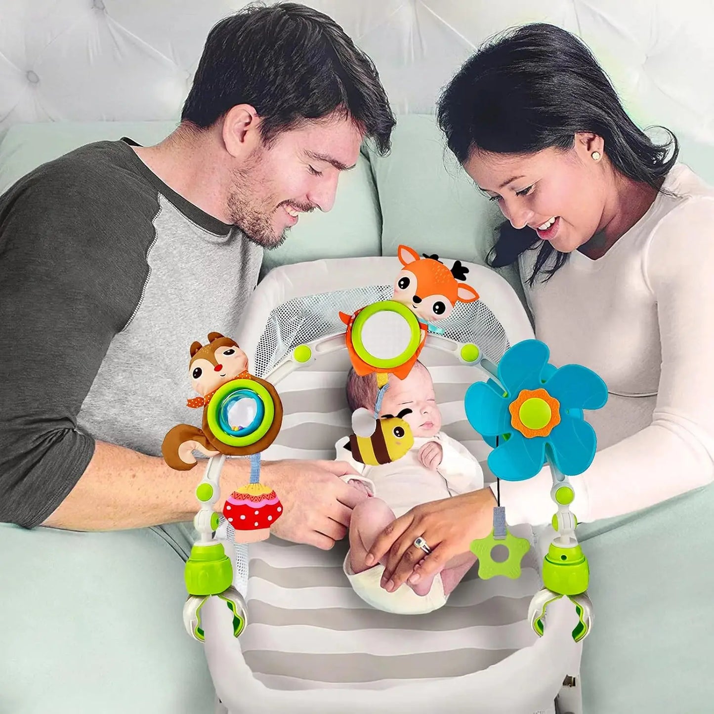 קשת פעילות לתינוק לעגלה עם צעצועים תלויים וקליפסים אוניברסליים