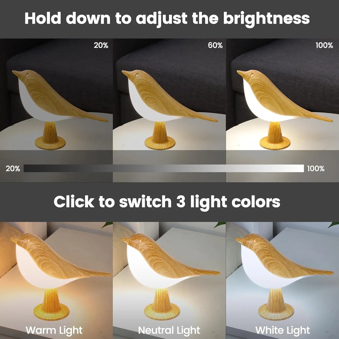 LED Touch-Control Bird Night Lamp Dimmable Rechargeable Yellow
