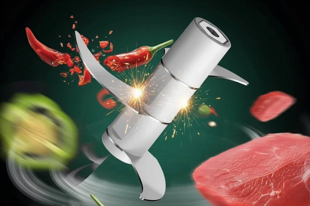 Silver three-leaf stainless steel blade for a mini food processor, surrounded by red peppers and meat.