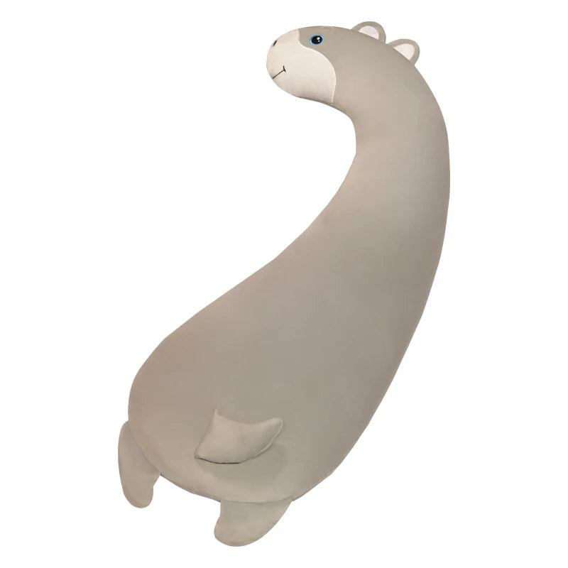 Soft gray plush dinosaur body pillow, 120cm, with small ears and blue eyes, perfect for hugging.