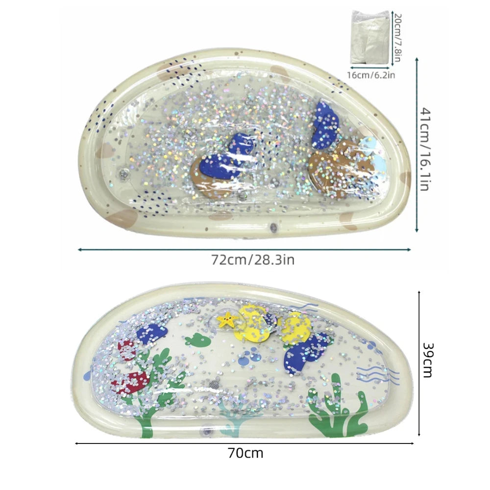 Inflatable water play mat for tummy time, featuring colorful floating sea creatures and glitter.