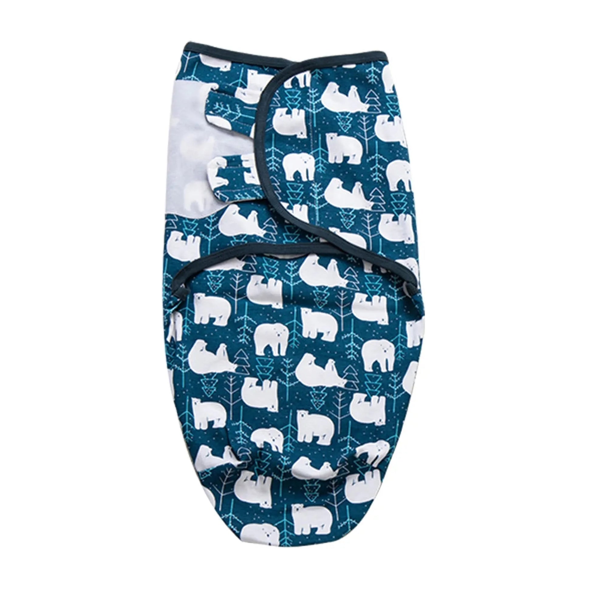 Blue cotton baby swaddle with white polar bear and tree print, featuring a secure zipper closure.