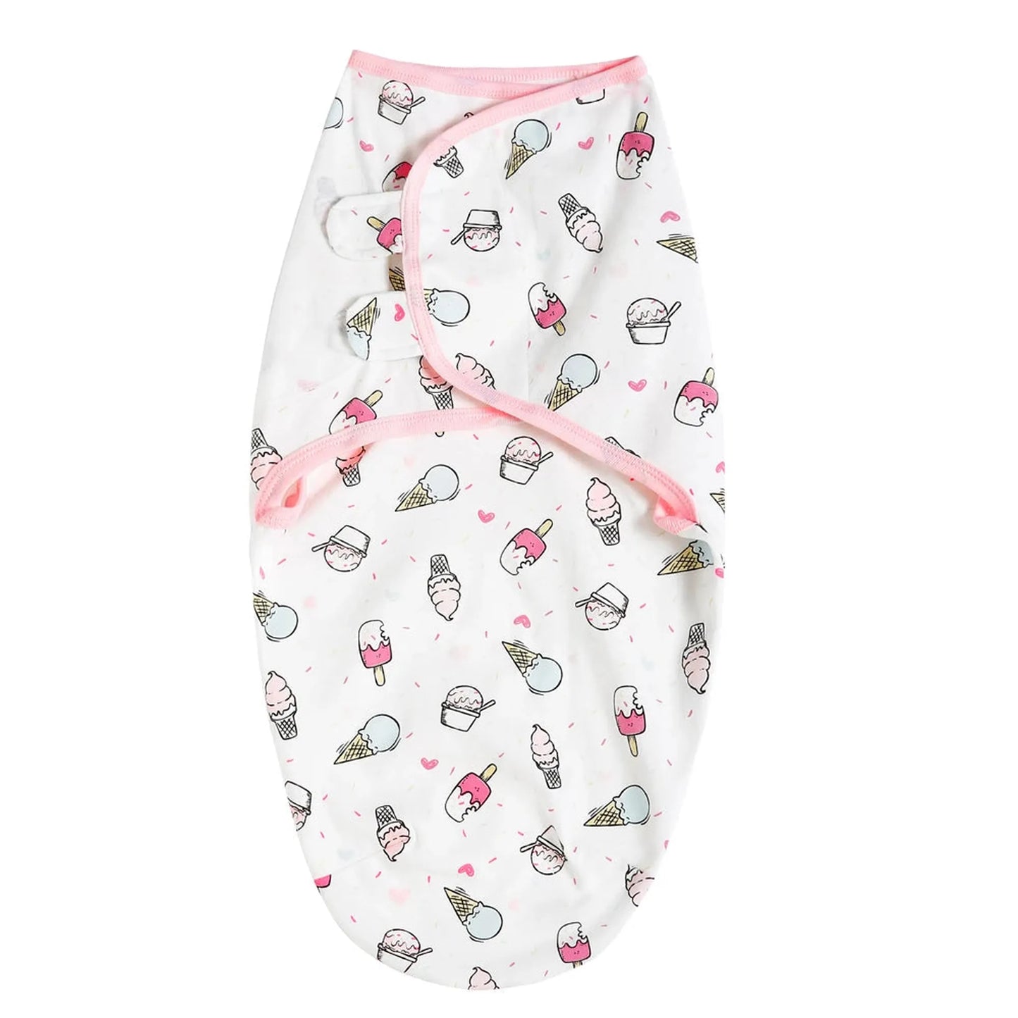White cotton baby swaddle with pink trim and colorful ice cream print, ideal for summer.