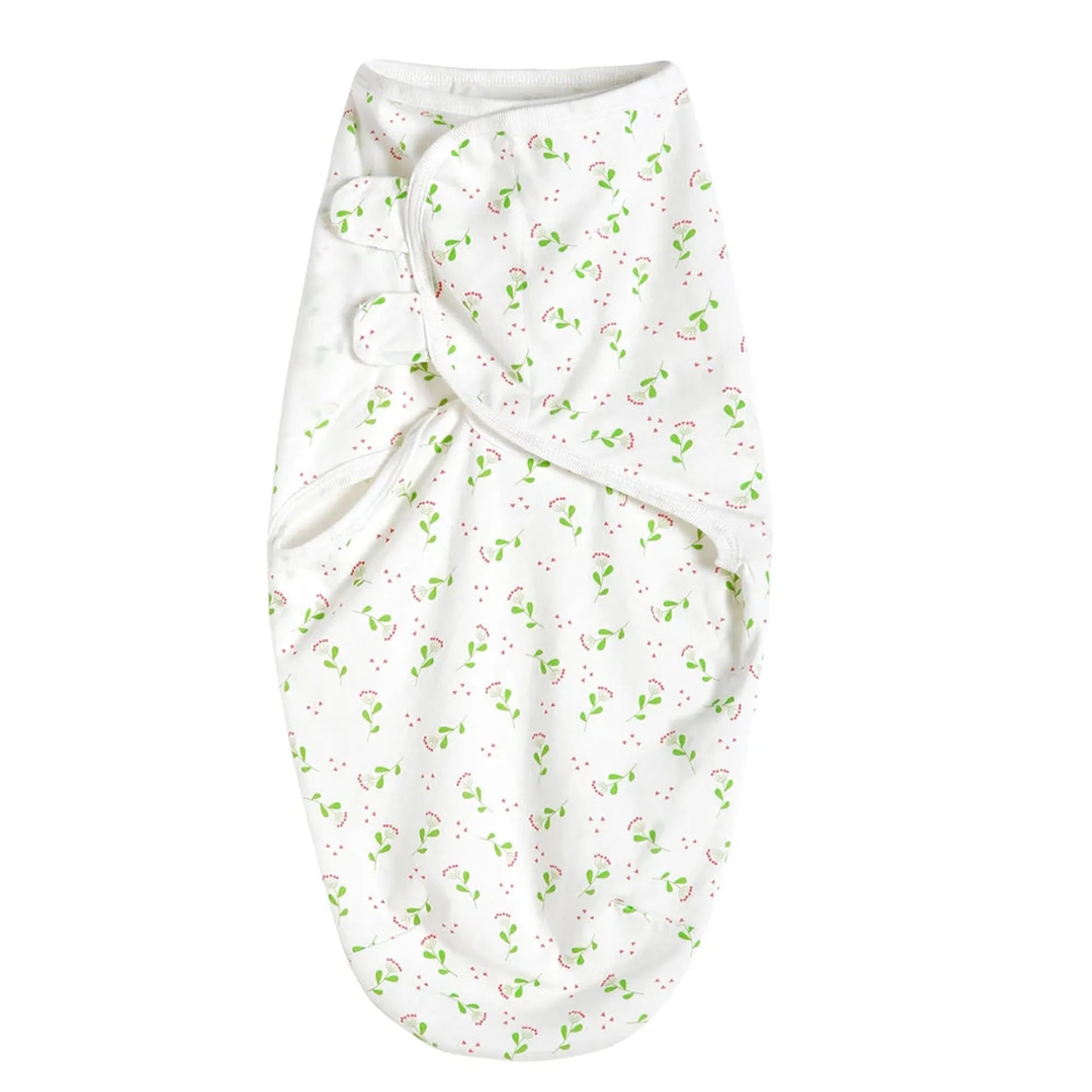 White cotton baby sleep sack with green leaf and red berry print, featuring a wrap-around design.