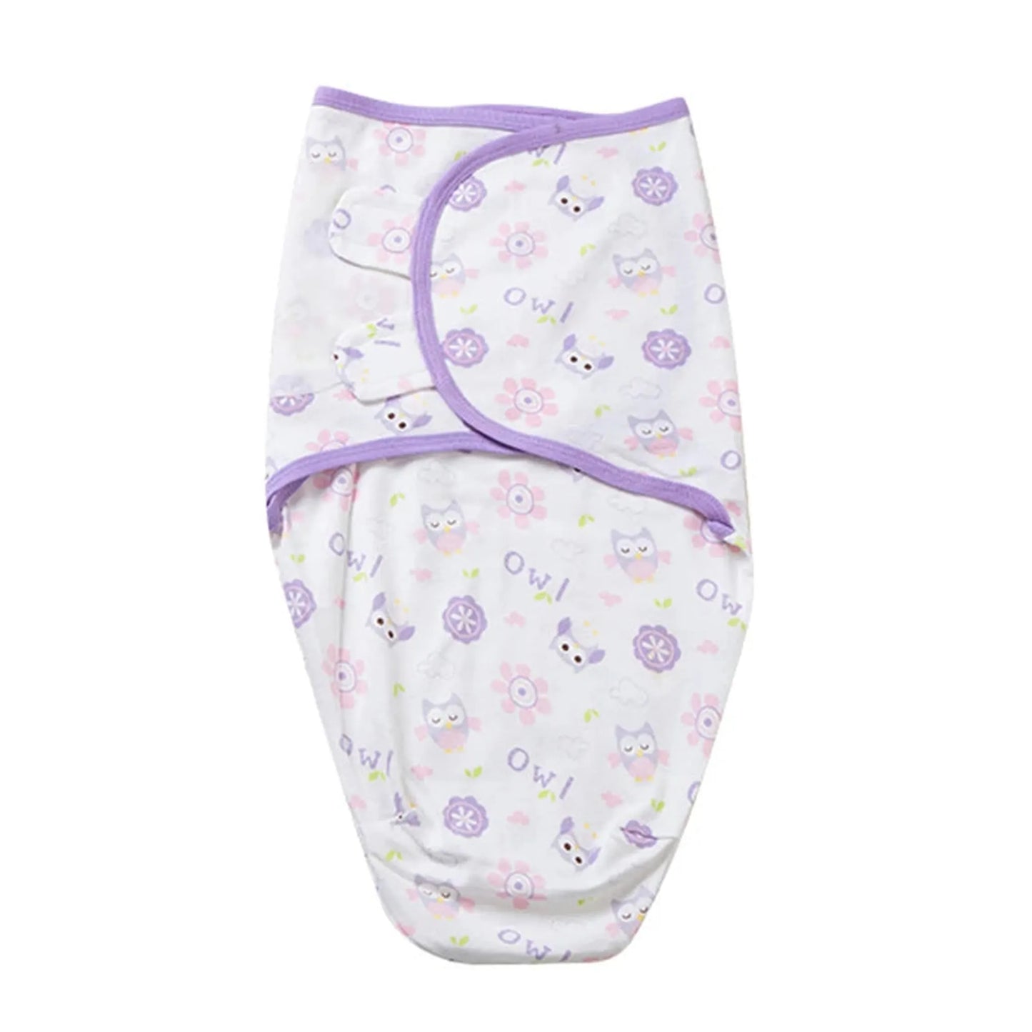 White cotton baby sleep sack with purple trim and owl/flower print.