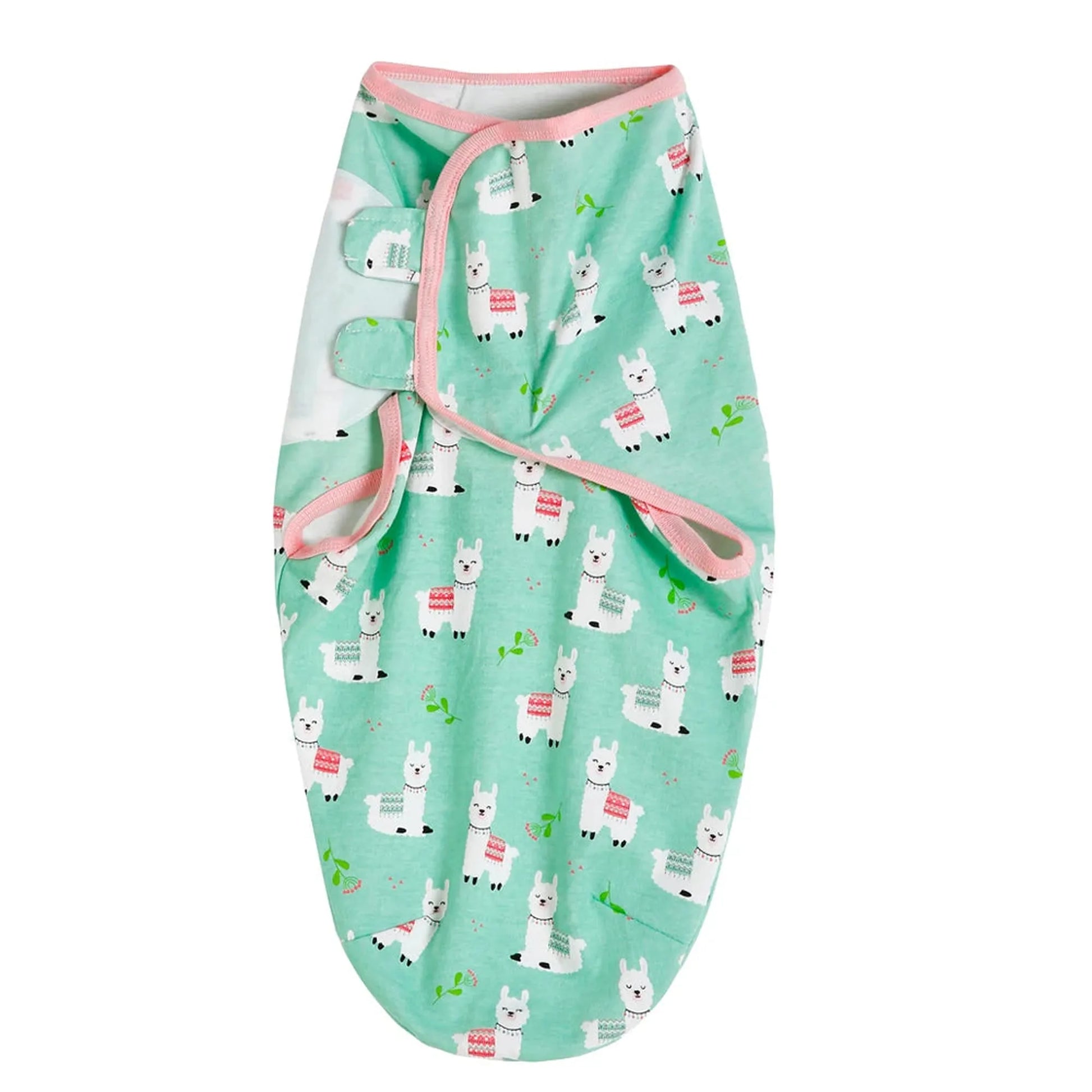 Mint green cotton baby swaddle with white llama print and pink trim.