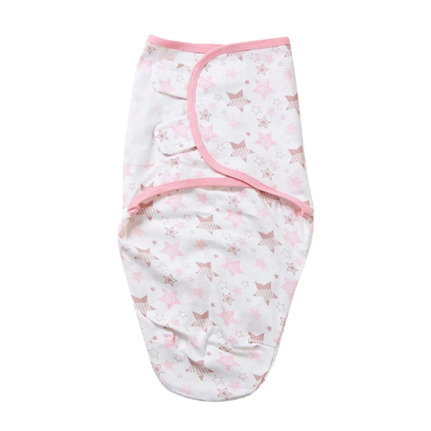 White cotton baby swaddle with pink trim and star pattern, ideal for newborns.