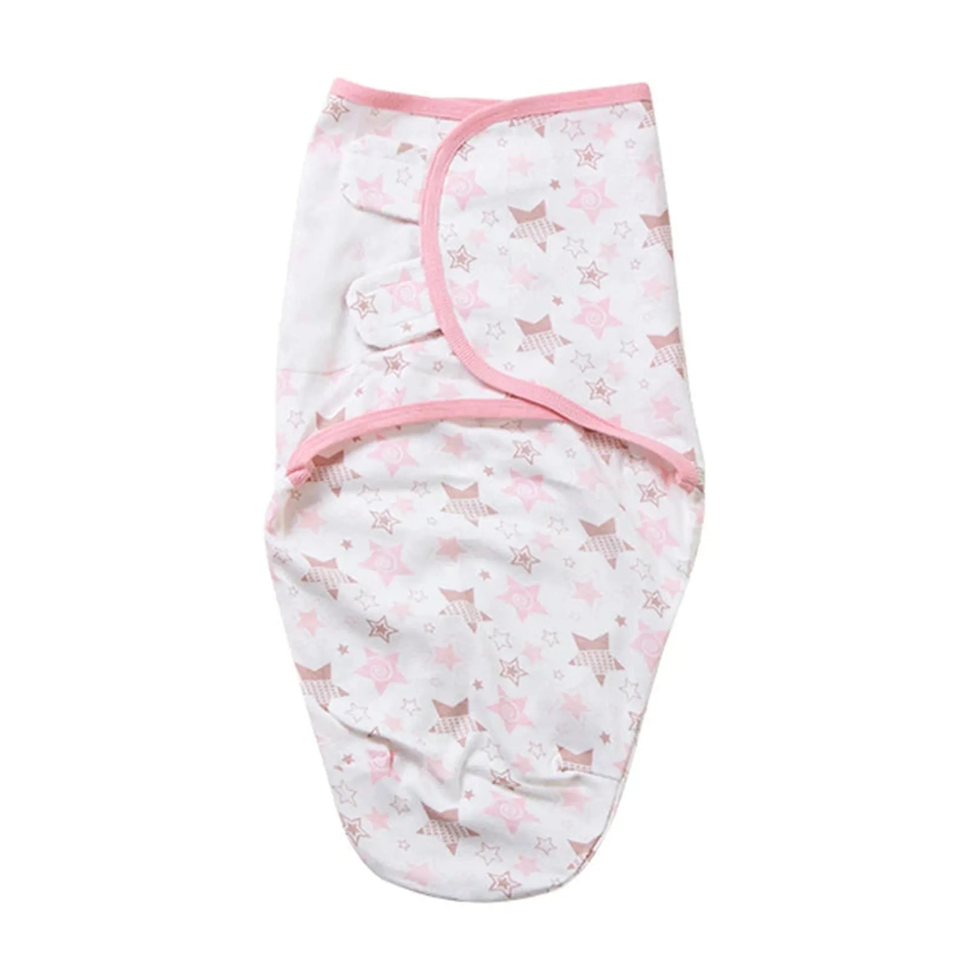 White cotton baby swaddle with pink trim and star pattern, ideal for newborns.