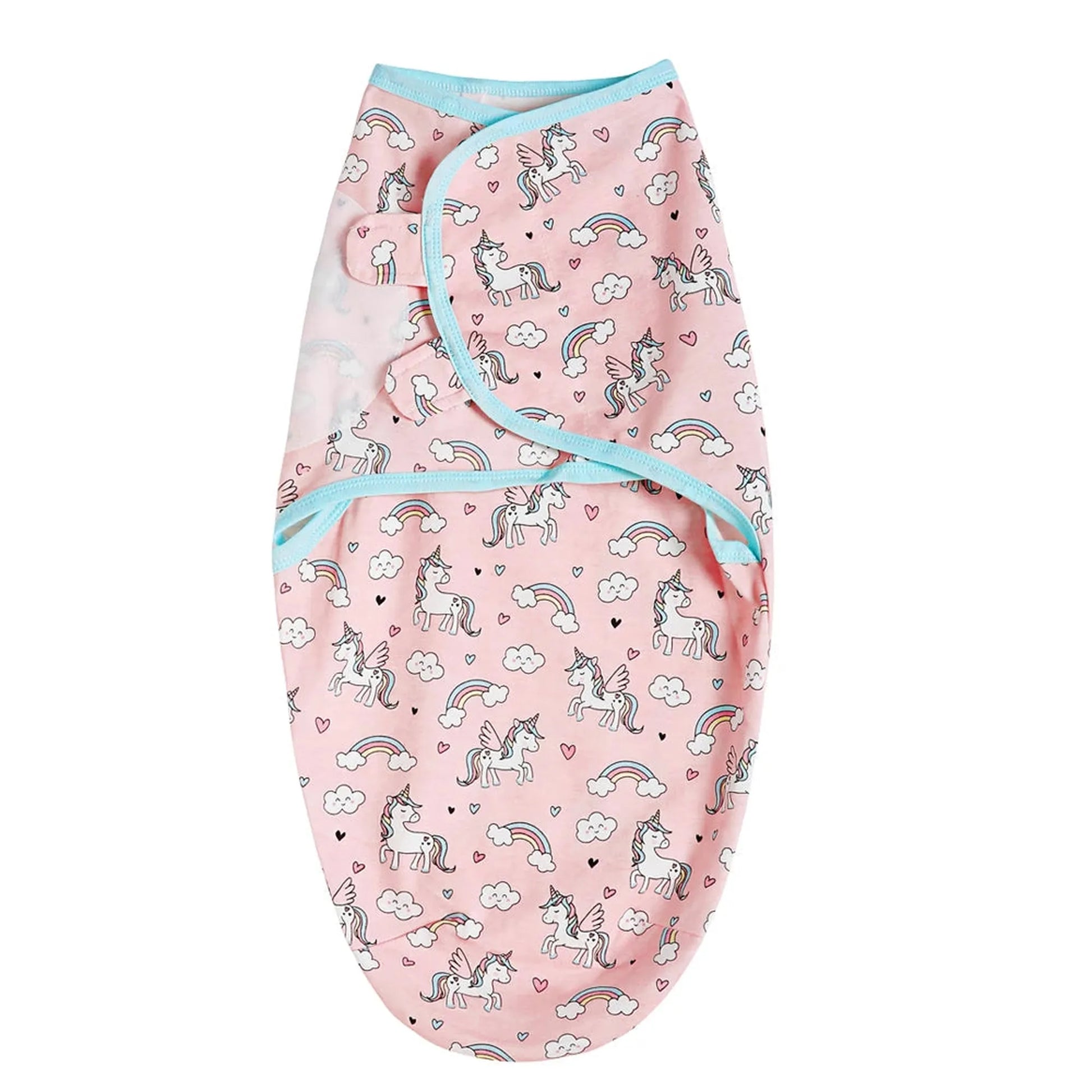 Pink cotton baby sleep sack with unicorn, rainbow, and heart print, featuring light blue trim.