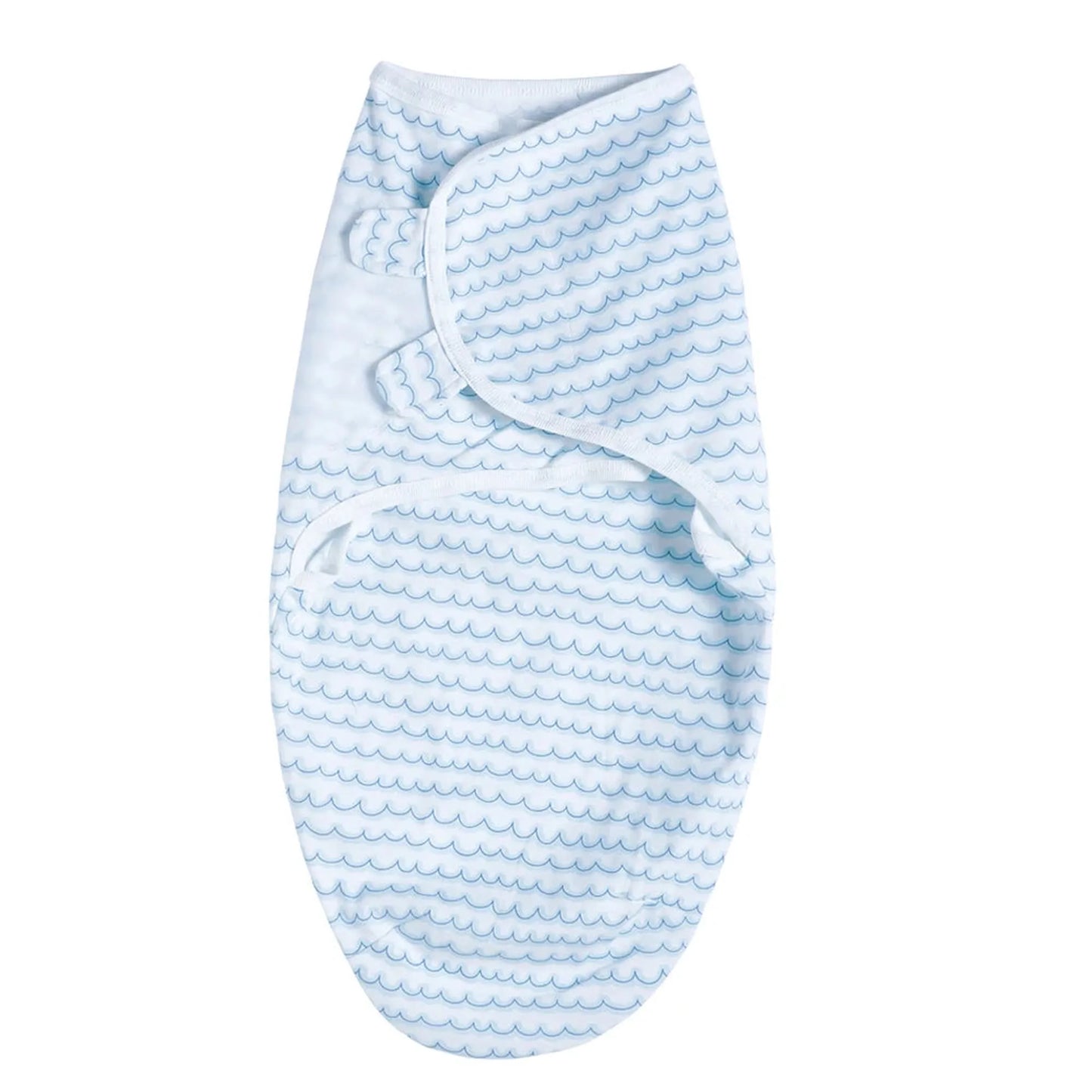 Light blue cotton baby swaddle with a wavy pattern and adjustable velcro closure.