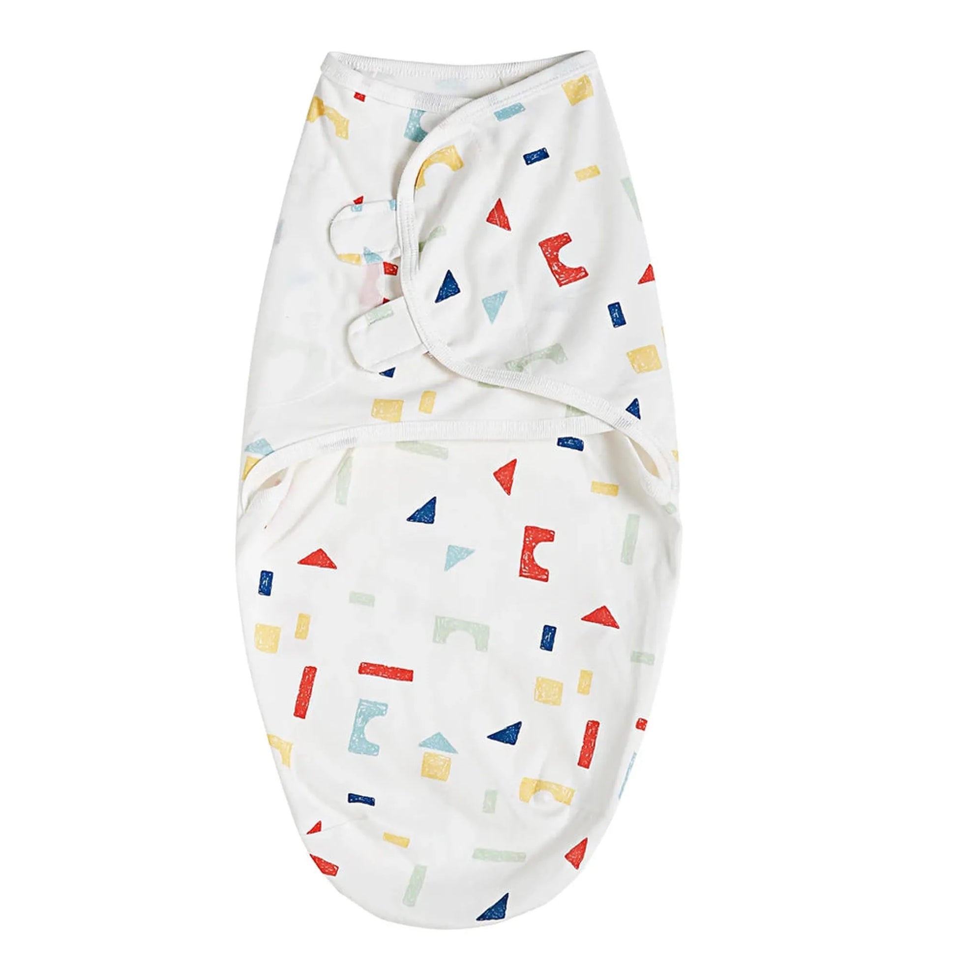 White cotton baby sleep sack with colorful geometric shapes, ideal for newborns.