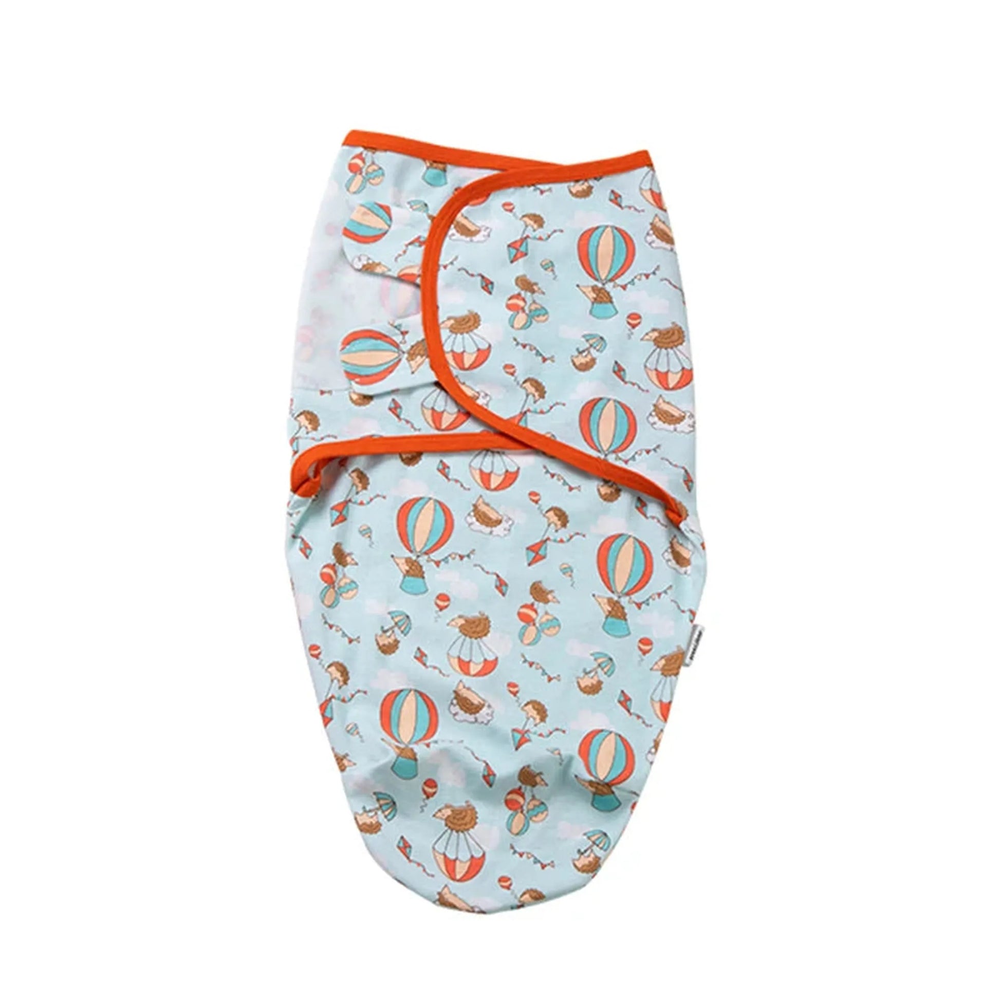 Light blue cotton baby sleep sack with hot air balloon and hedgehog print, orange trim.
