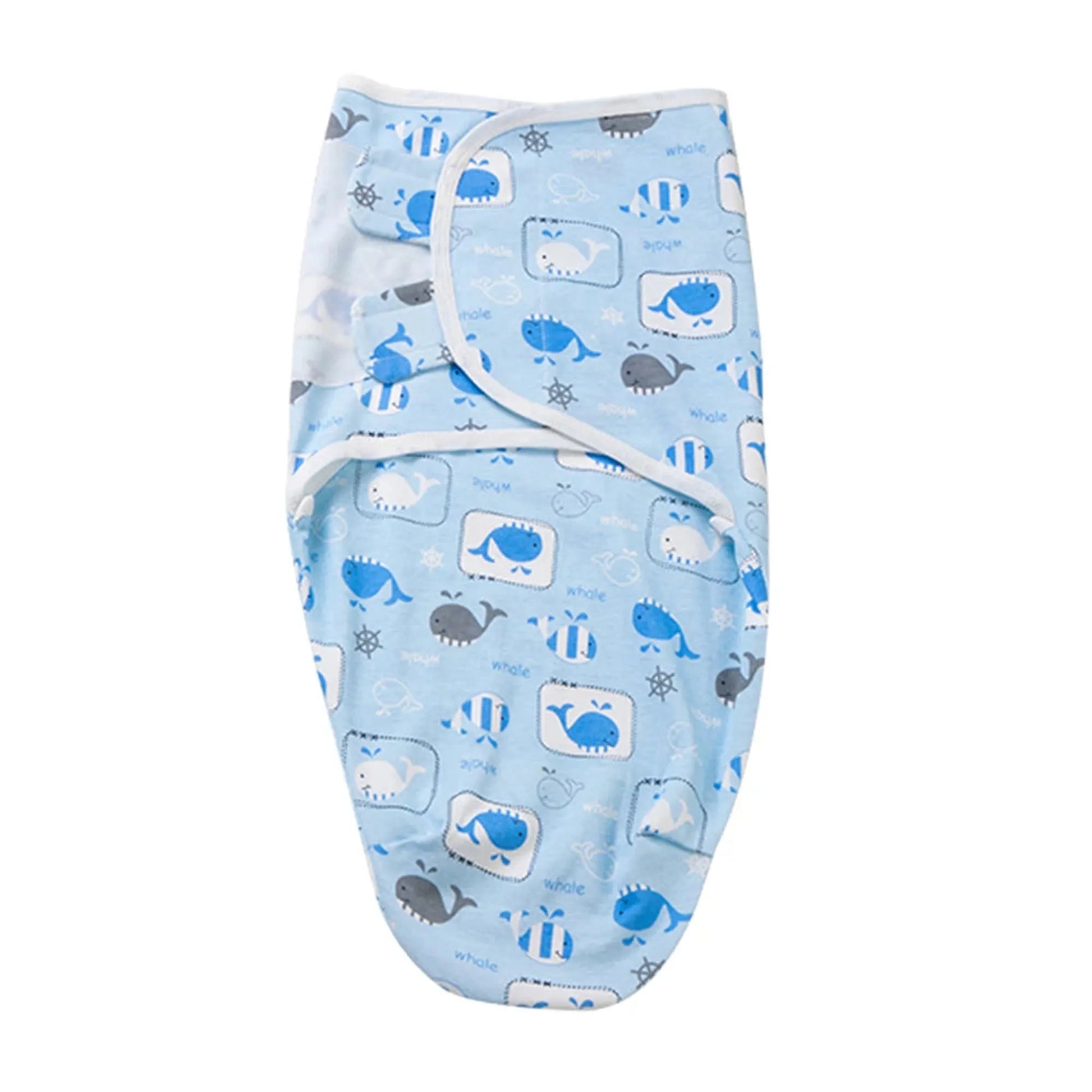 Light blue cotton baby swaddle with white trim and cute whale print, ideal for newborns.