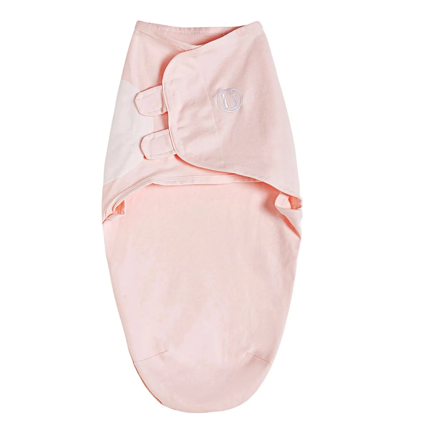 Soft pink cotton baby swaddle with adjustable velcro closure and white logo.