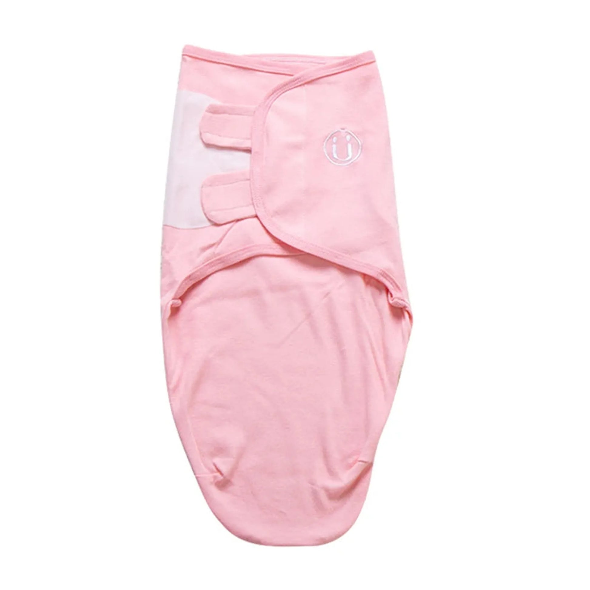 Pink cotton baby swaddle sleep sack with white accents and a smiling face logo.