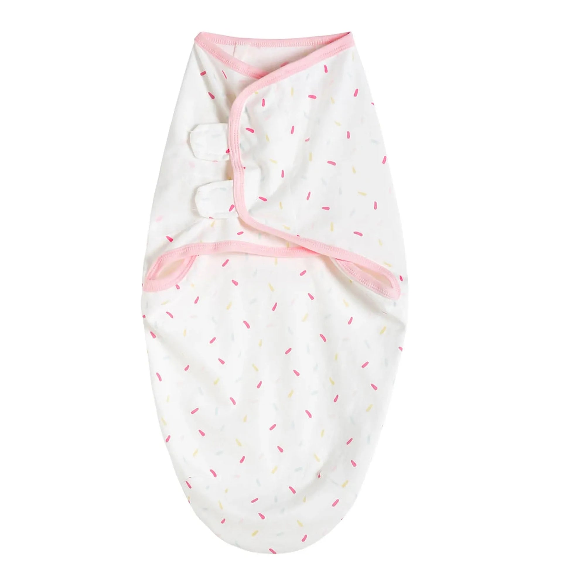 White cotton baby swaddle with pink trim and colorful sprinkle pattern.